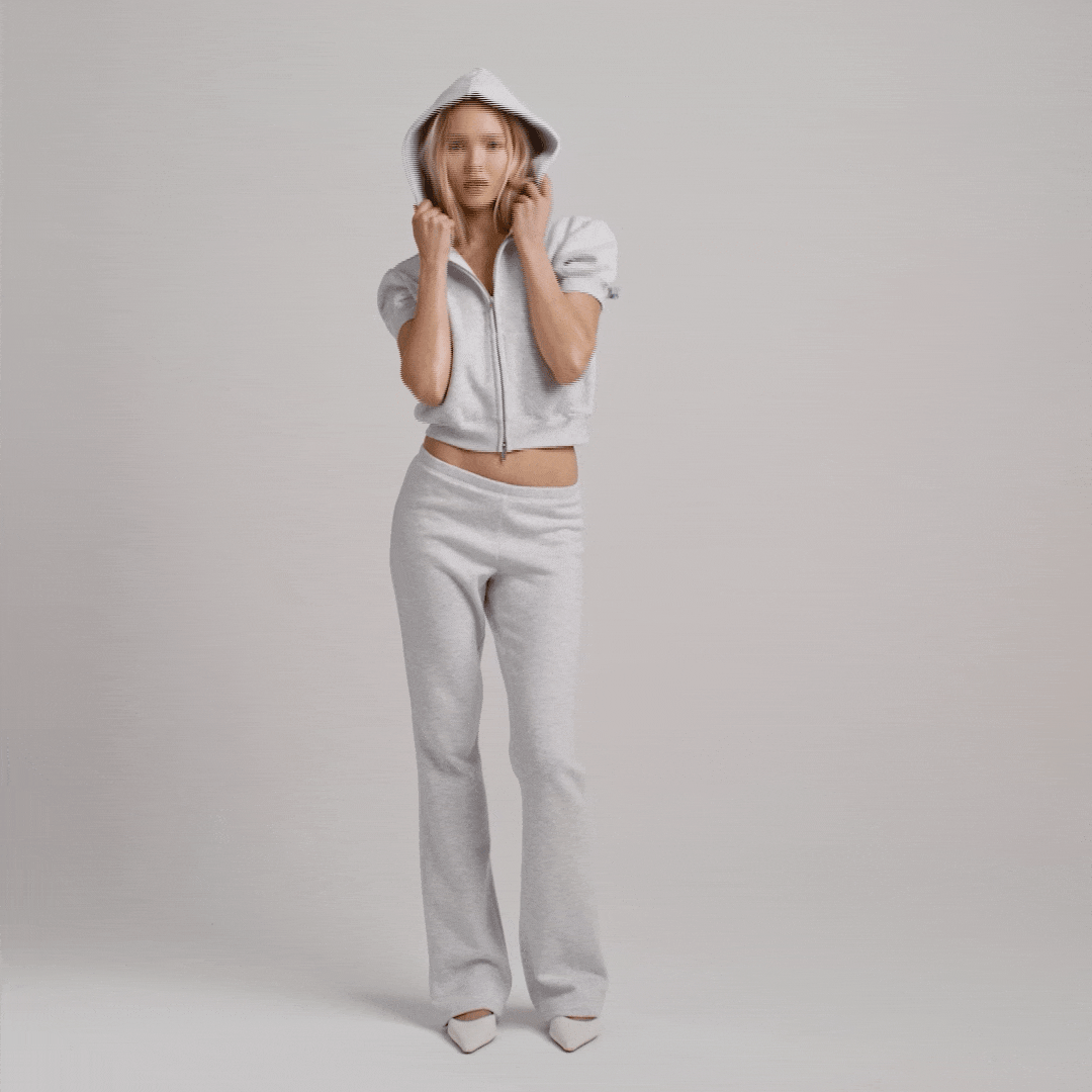 COTTON FLEECE BUBBLE SLEEVE CROPPED ZIP UP | LIGHT HEATHER GREY ON A MODEL FRONT VIEW @