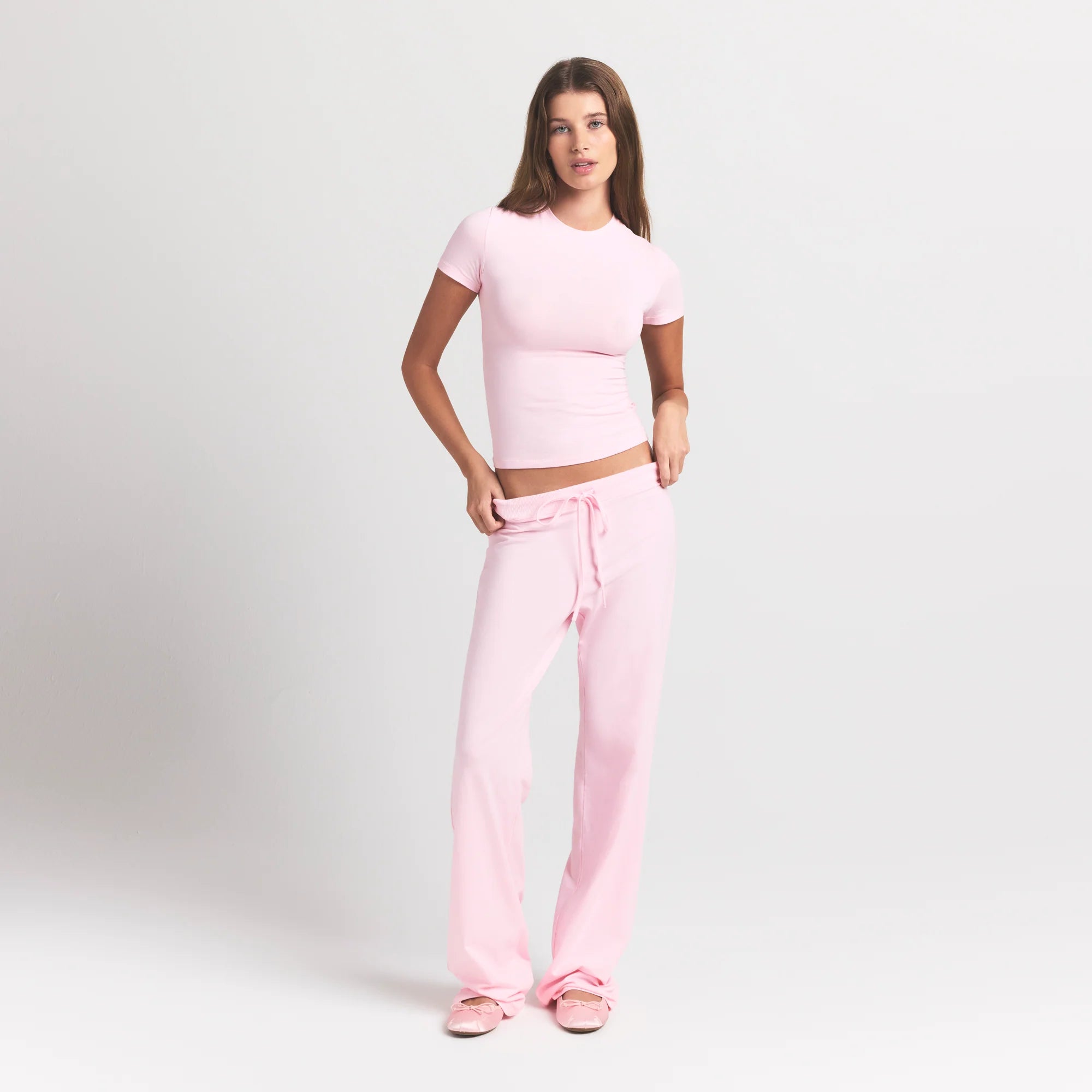 COTTON JERSEY STRAIGHT LEG PANT | CHERRY BLOSSOM ON A MODEL FRONT VIEW @ | FOCUS: 0.9, 0.1, 0.7