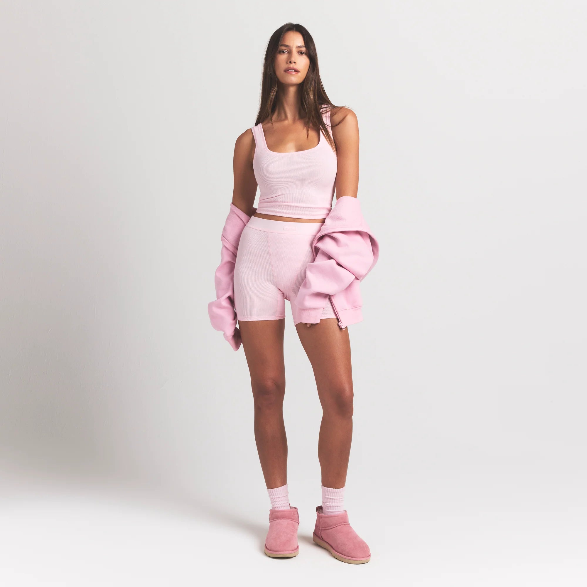COTTON RIB TANK | CHERRY BLOSSOM ON A MODEL FRONT VIEW @ | FOCUS: 0.9, 0.1, 0.7
