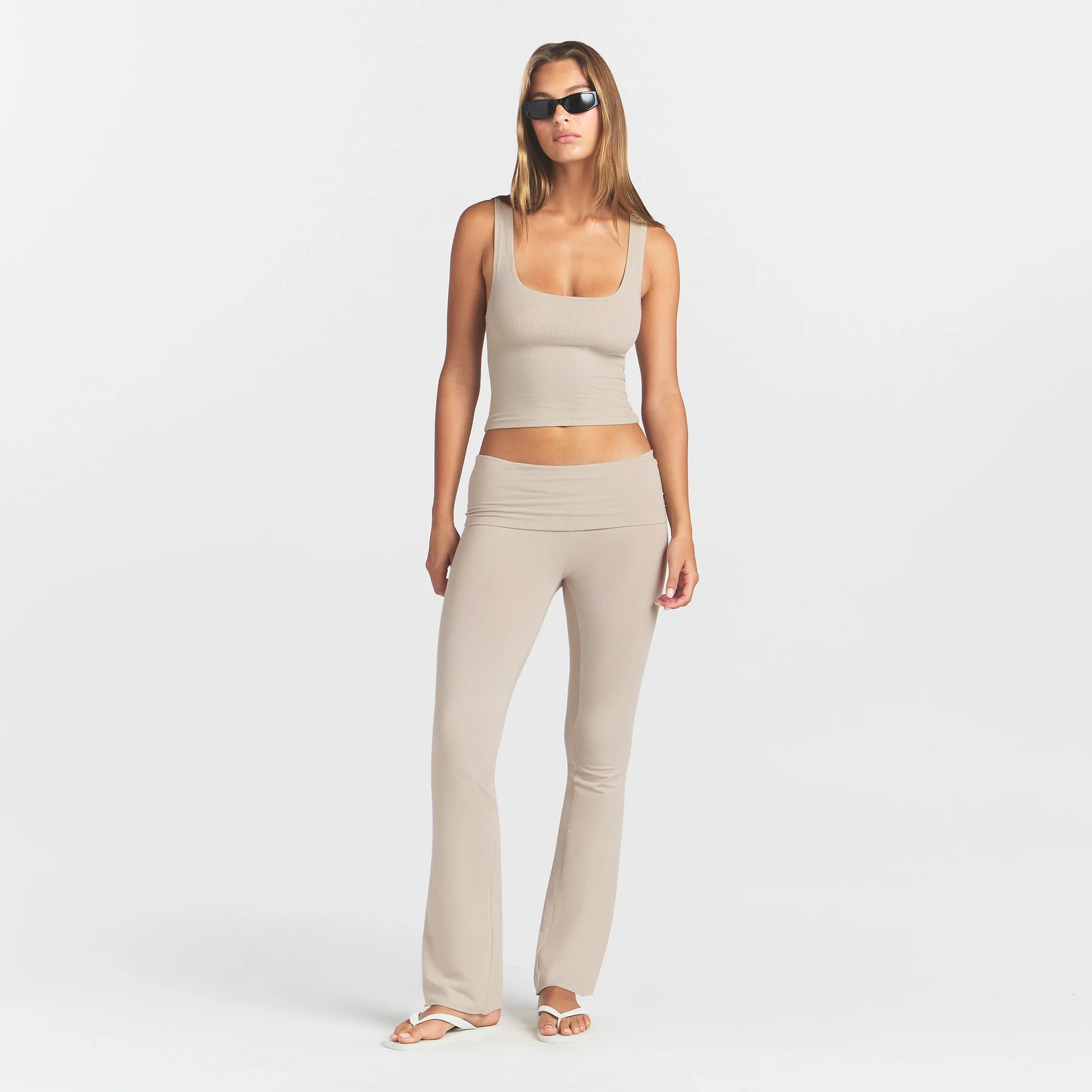 COTTON RIB TANK | STONE ON A MODEL FRONT VIEW @ | FOCUS: 0.0, 1.0, 0.9