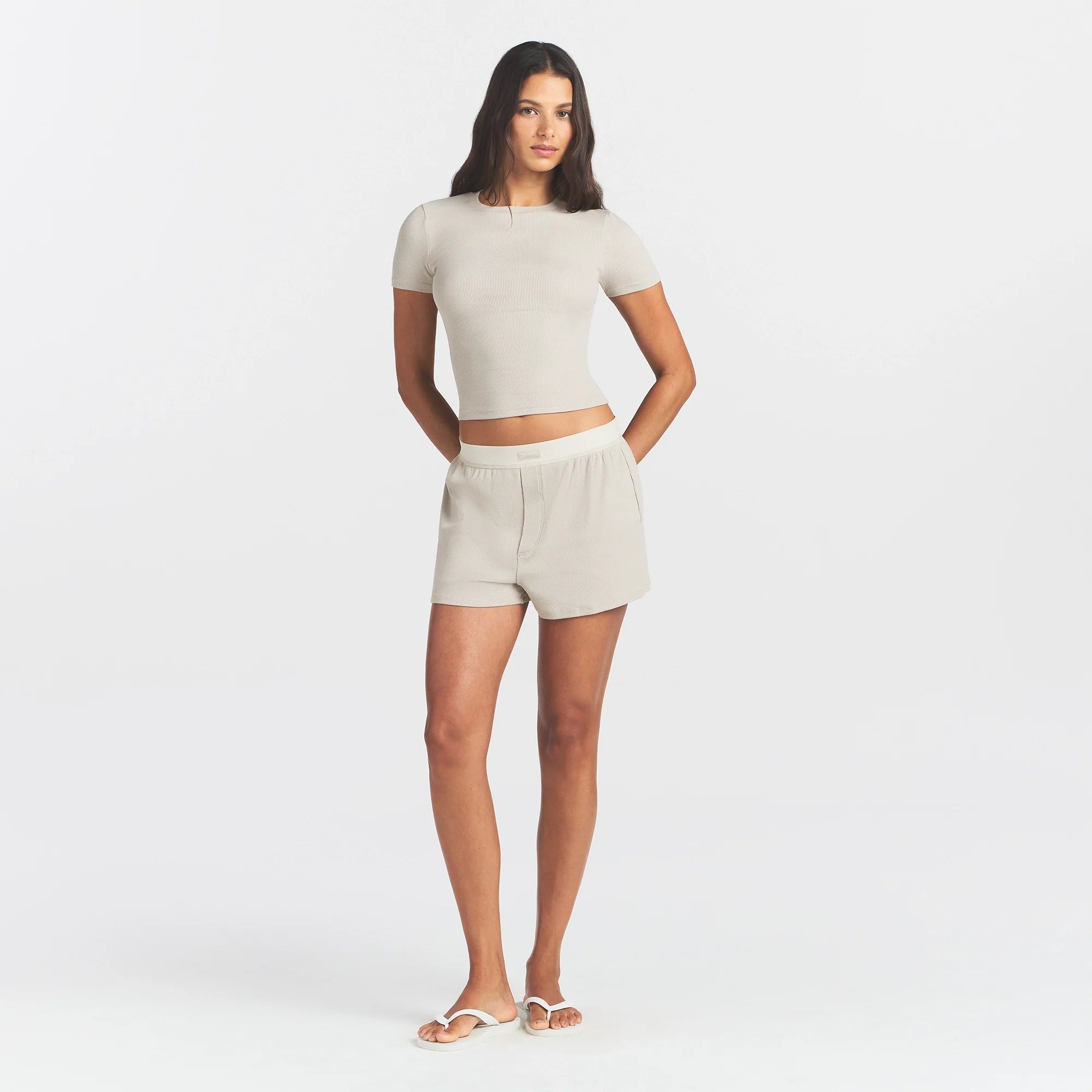 COTTON RIB LOOSE BOXER | STONE ON A MODEL FRONT VIEW @ | FOCUS: 0.0, 1.0, 0.9