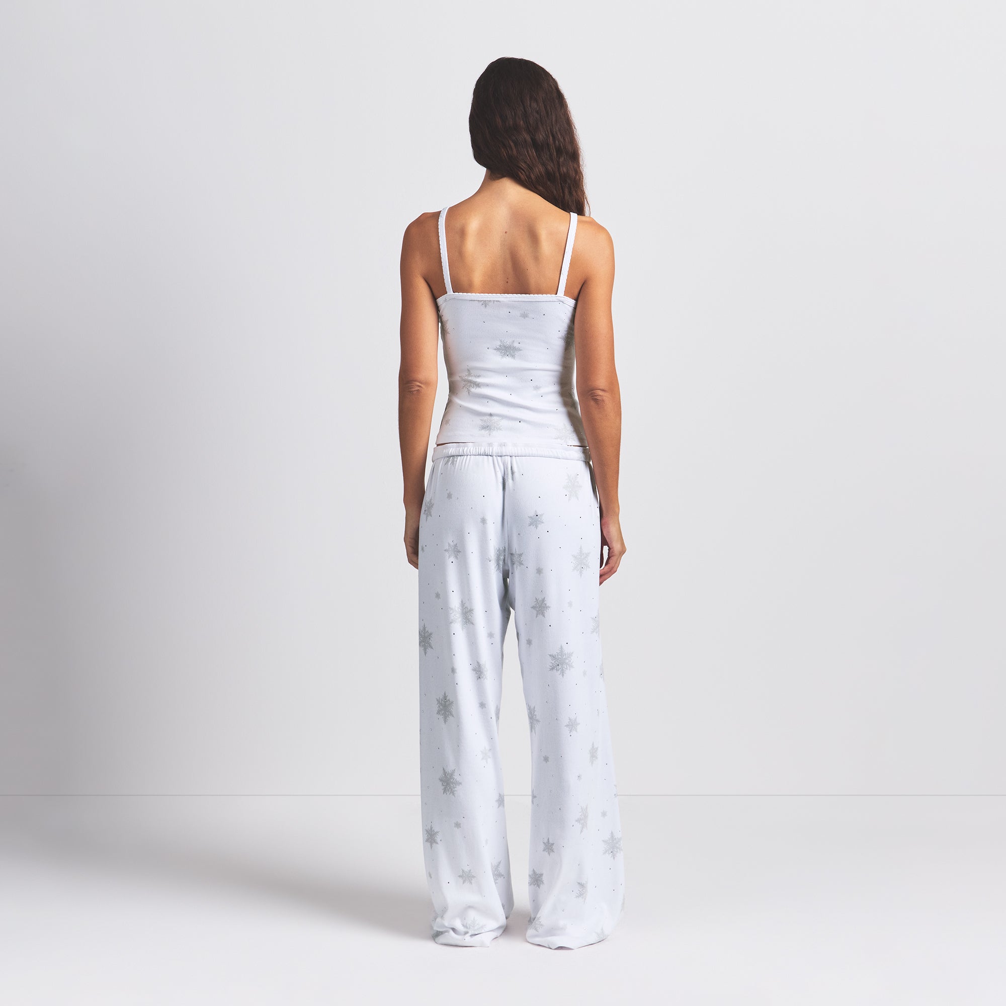 LOGO PLUSH POINTELLE RHINESTONE STRAIGHT LEG PANT | SNOW RHINESTONE PRINT ON A MODEL BACK VIEW @ | FOCUS: 0.0, 1.0, 0.9