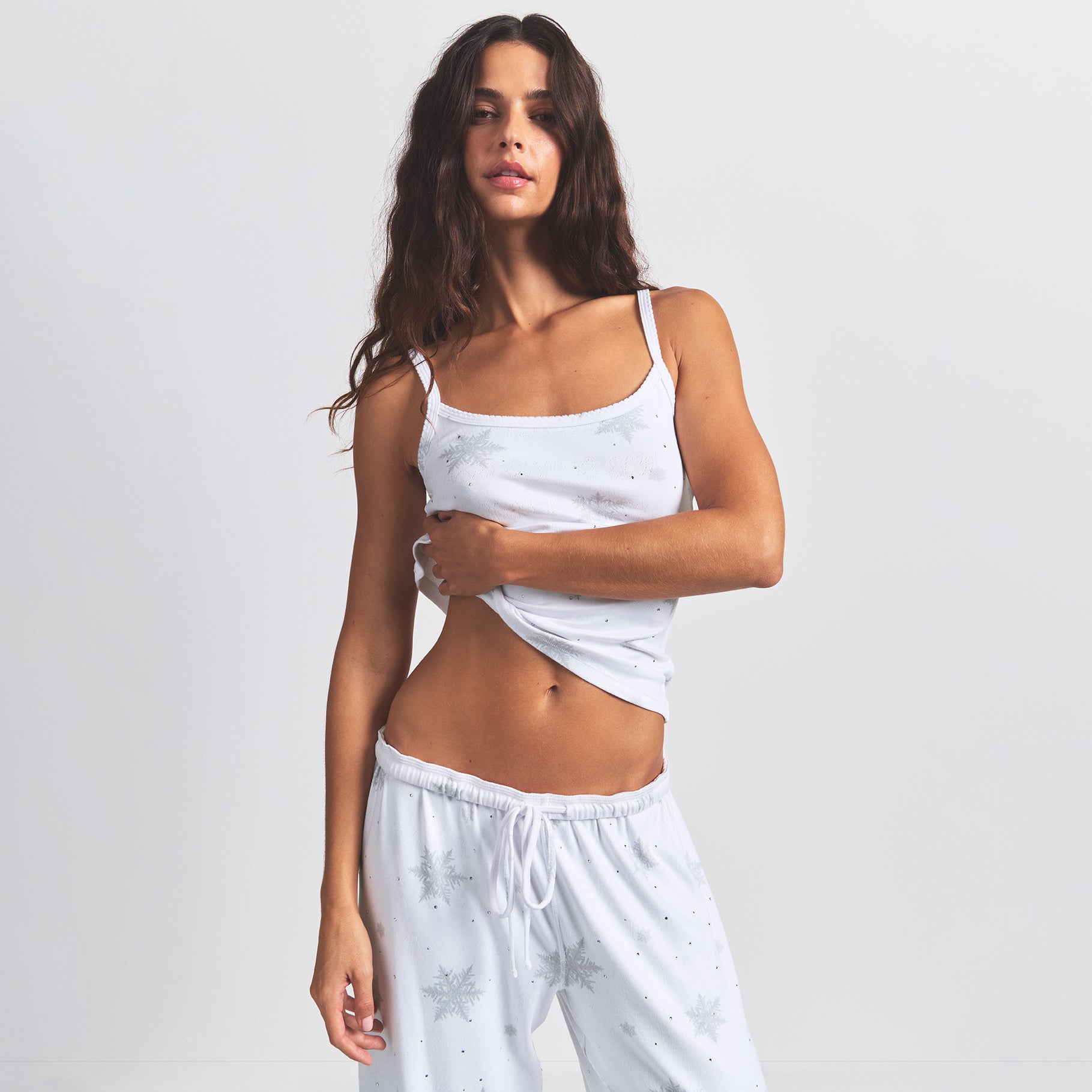 LOGO PLUSH POINTELLE RHINESTONE STRAIGHT LEG PANT | SNOW RHINESTONE PRINT ON A MODEL FRONT VIEW @ | FOCUS: 0.0, 1.0, 0.9