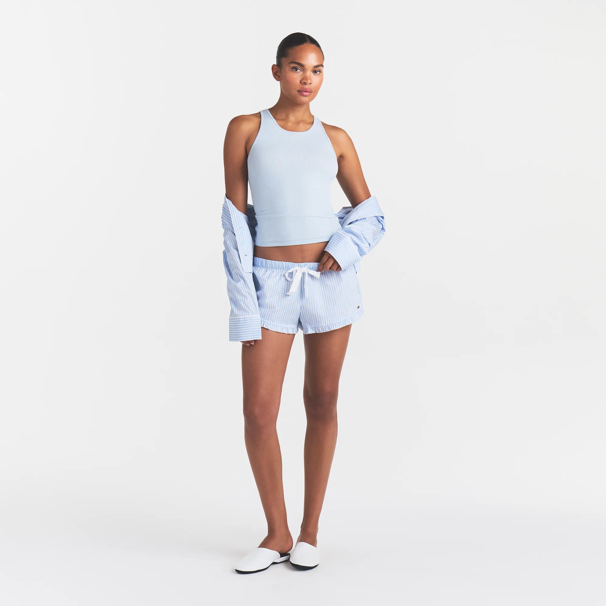 COTTON POPLIN SLEEP RUFFLE SHORT | MARINA MESH STRIPE