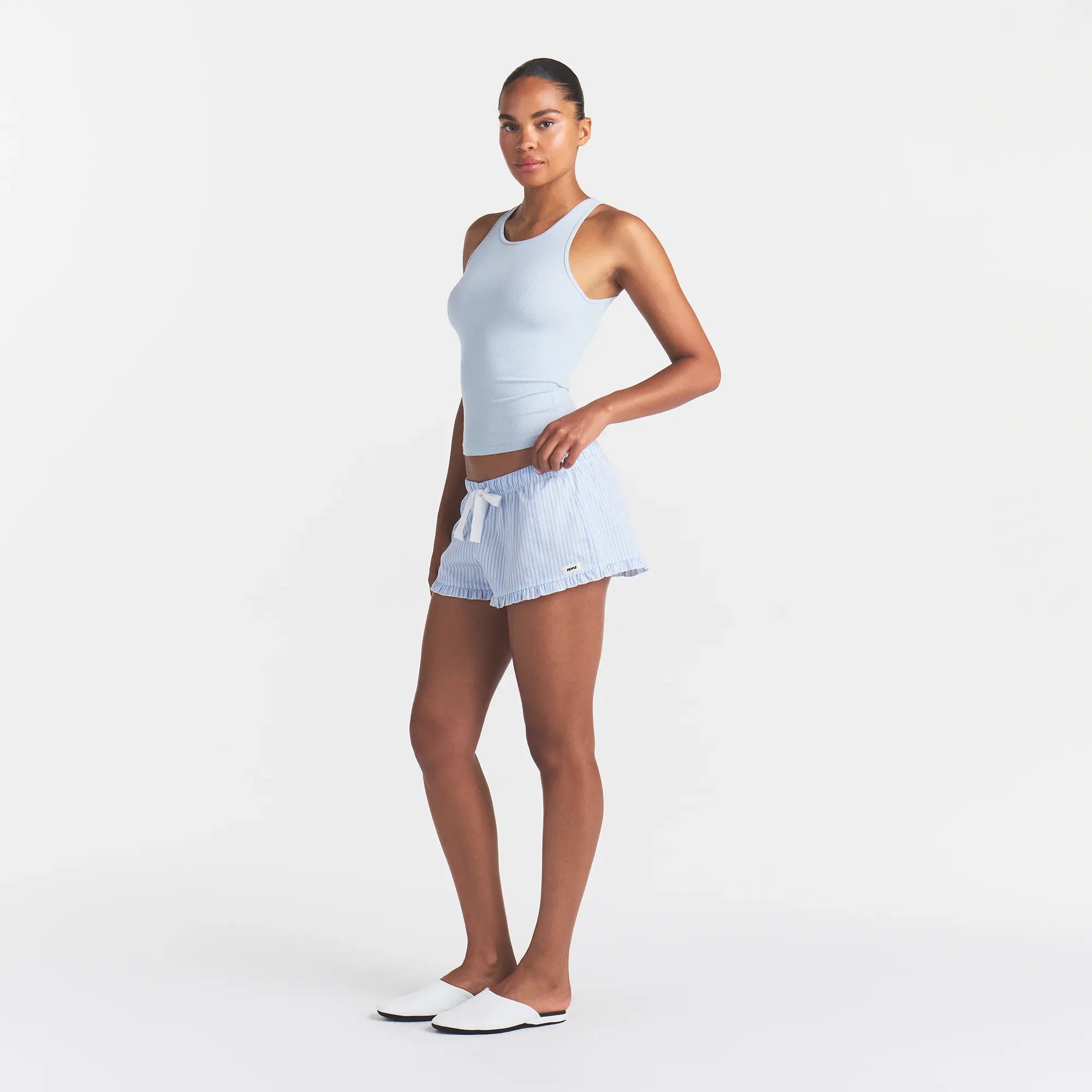 COTTON POPLIN SLEEP RUFFLE SHORT | MARINA MESH STRIPE