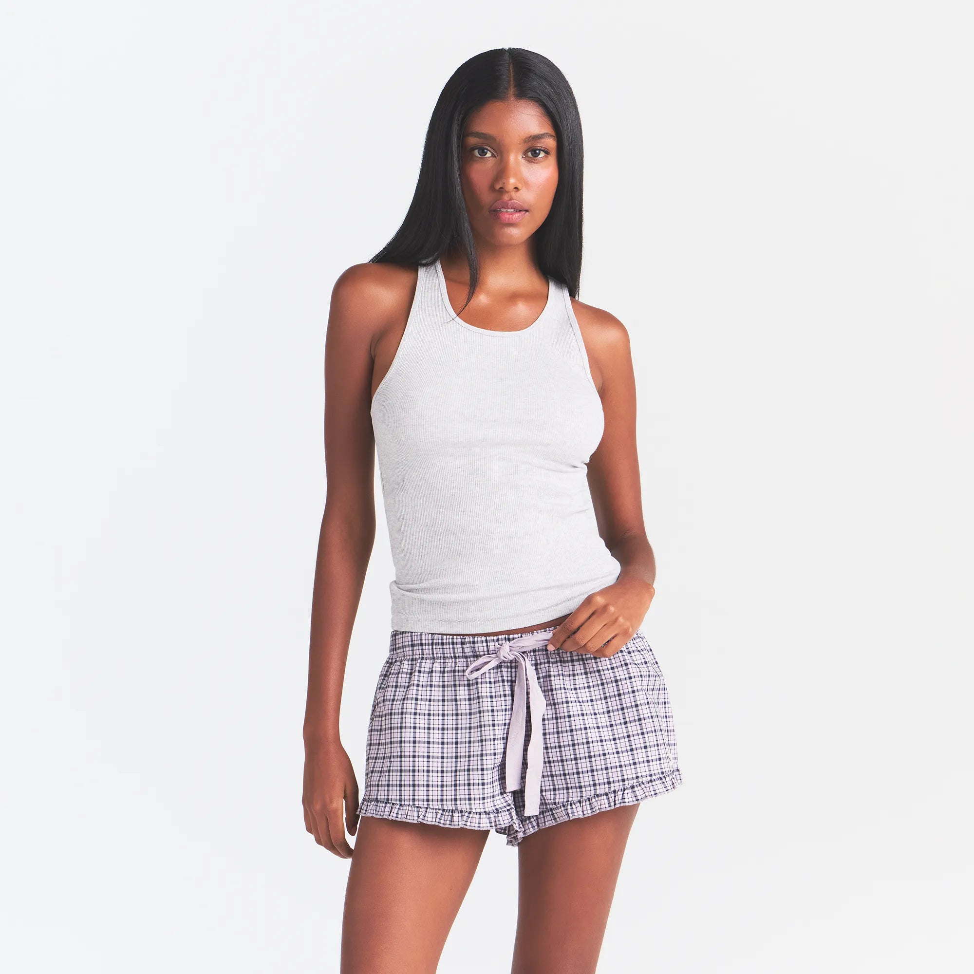 COTTON POPLIN SLEEP RUFFLE SHORT | IRIS MICA NAVY CHECK