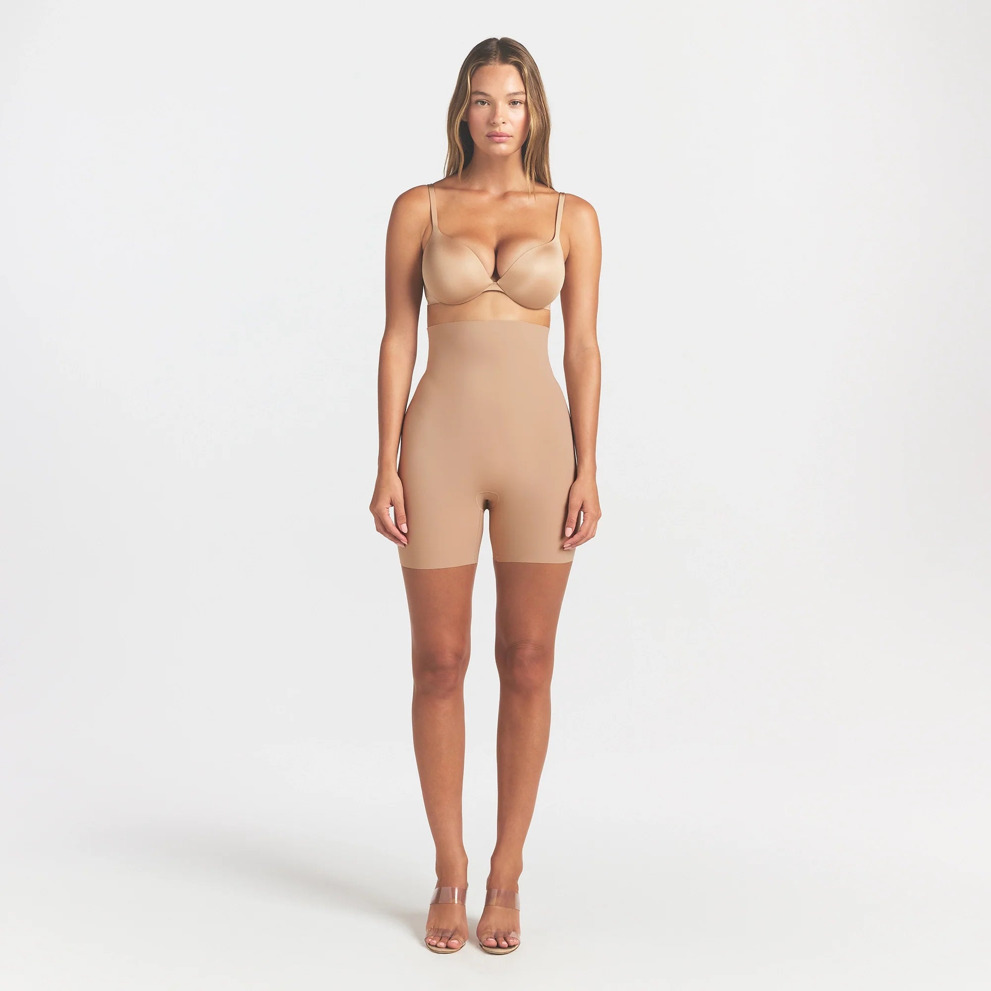COOL SHAPEWEAR HIGH-WAISTED SHORT | CLAY ON A MODEL FRONT VIEW @ | FOCUS: 0.0, 1.0, 0.9