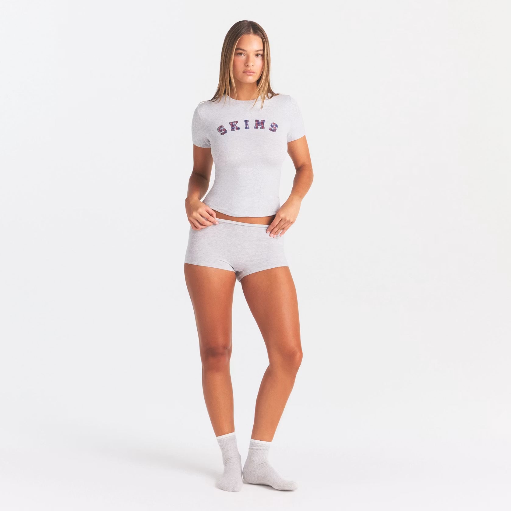 COTTON JERSEY LOGO BOY SHORT | LIGHT HEATHER GREY ARCHED SKIMS PLAID
