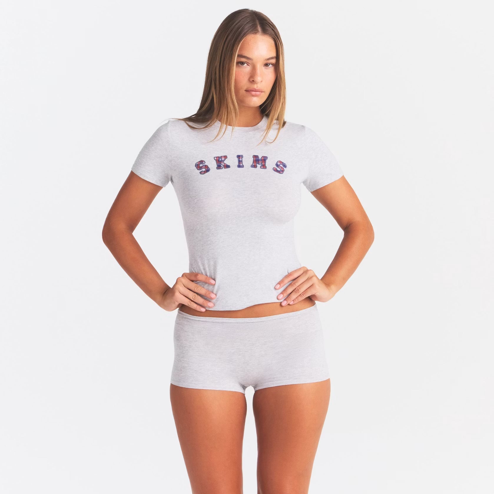 COTTON JERSEY LOGO BOY SHORT | LIGHT HEATHER GREY ARCHED SKIMS PLAID