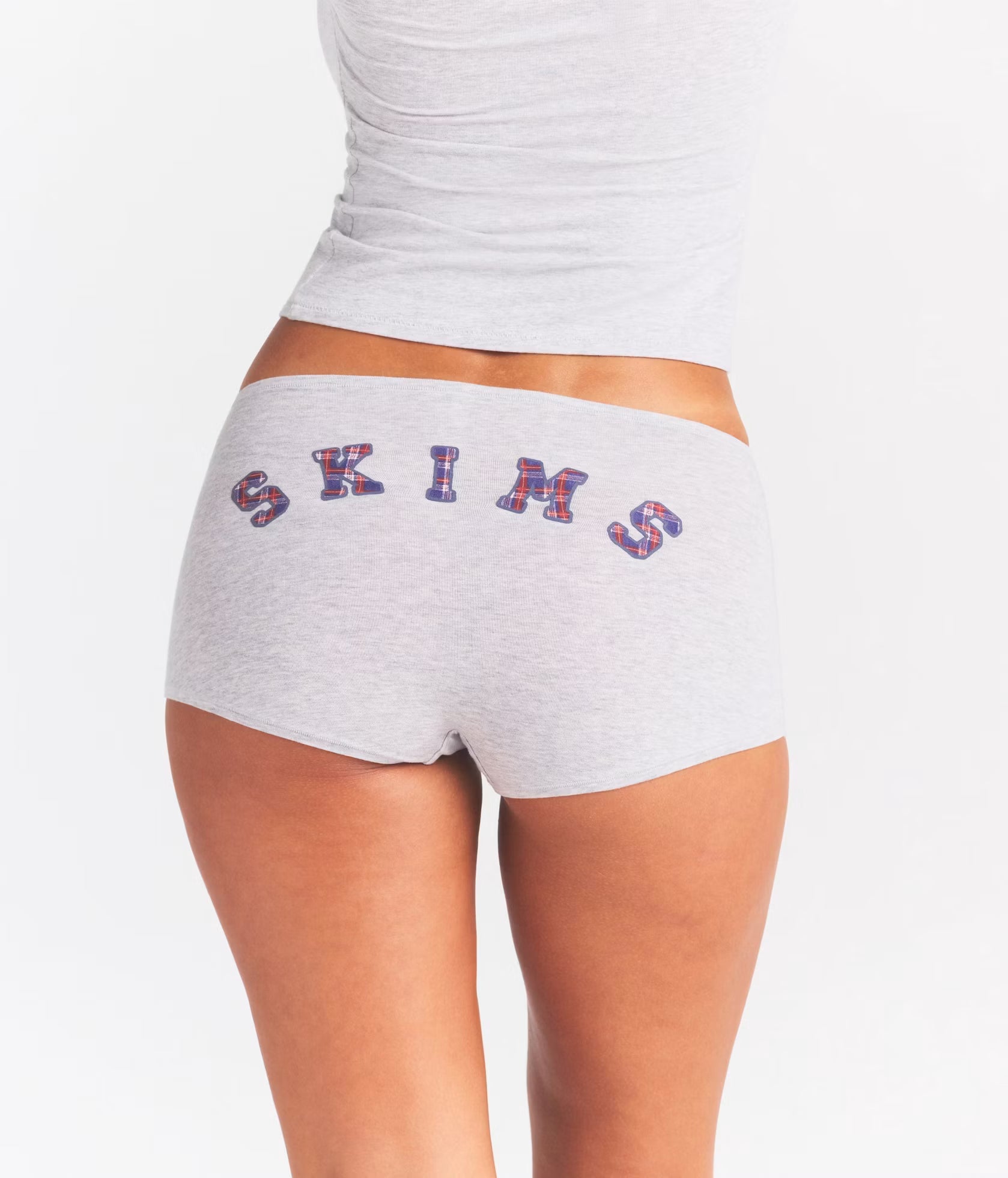 COTTON JERSEY LOGO BOY SHORT | LIGHT HEATHER GREY ARCHED SKIMS PLAID