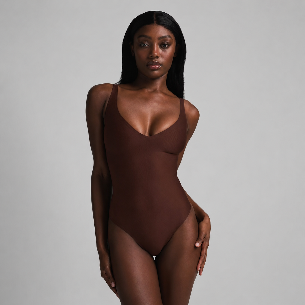 SKIMS BODY CORE SCULPT PLUNGE THONG BODYSUIT | COCOA