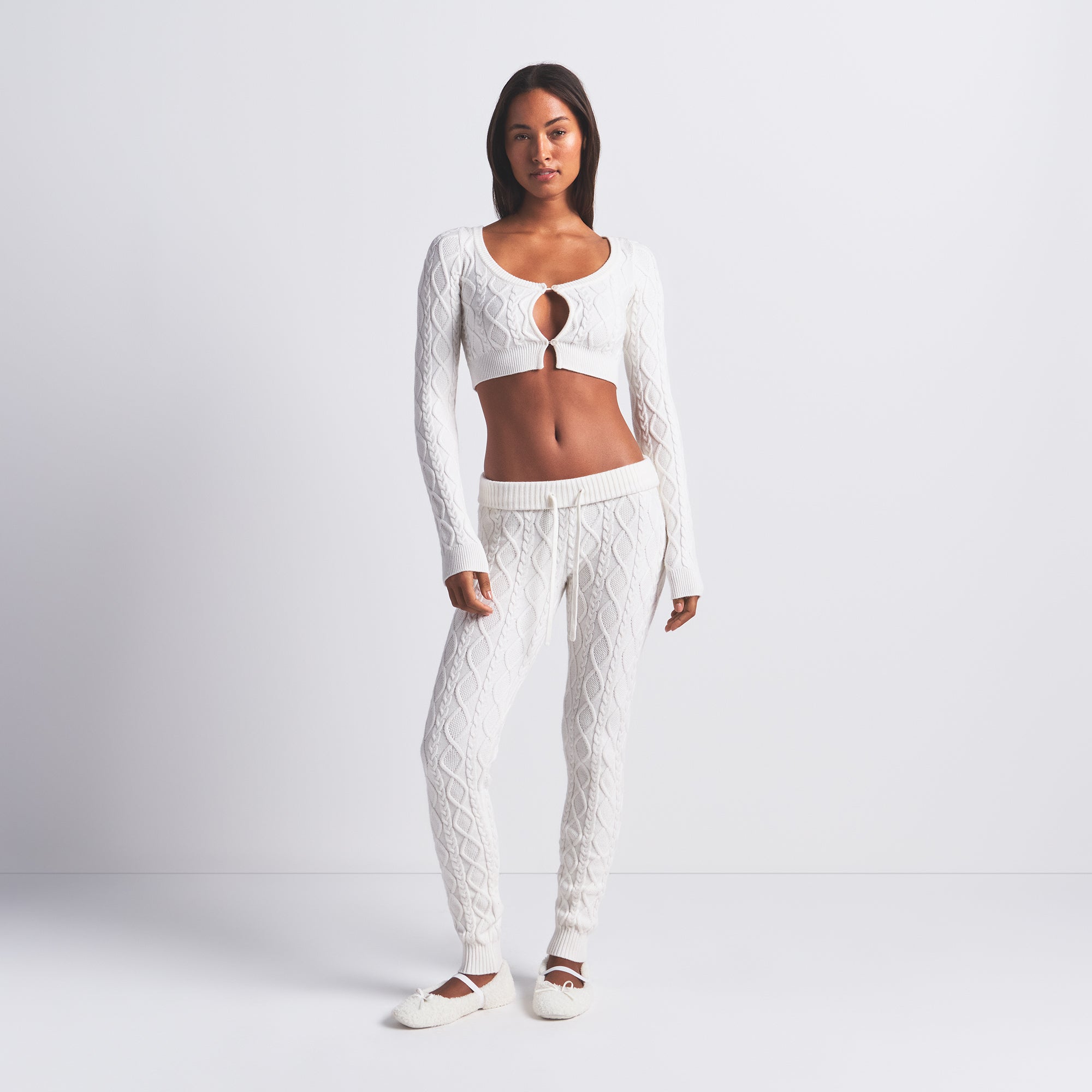 SWEATER KNIT CROPPED CARDIGAN | IVORY ON A MODEL FRONT VIEW @ | FOCUS: 0.0, 1.0, 0.9