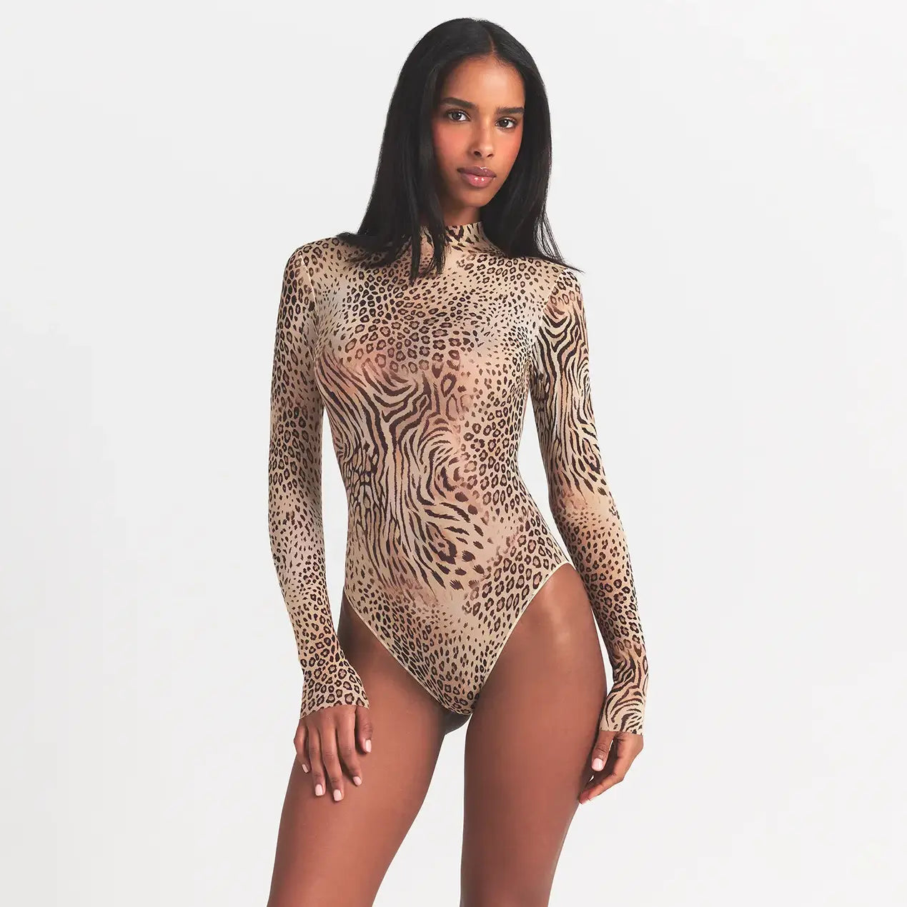 MILKY SHEER MOCK NECK LONG SLEEVE BODYSUIT | SAND MULTI ANIMAL