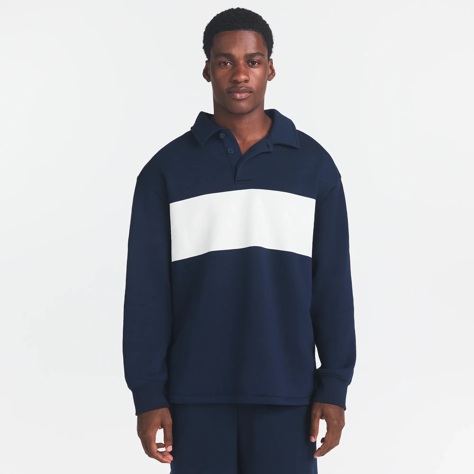 FLEECE LOUNGE MENS RUGBY POLO | NAVY ON A MODEL FRONT VIEW