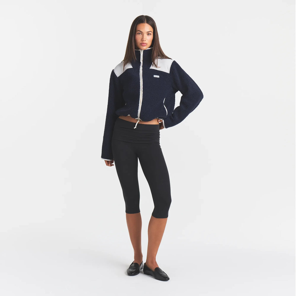 TEDDY BOXY ZIP UP JACKET | NAVY ON A MODEL | FOCUS: 0.0, 1.0, 0.9