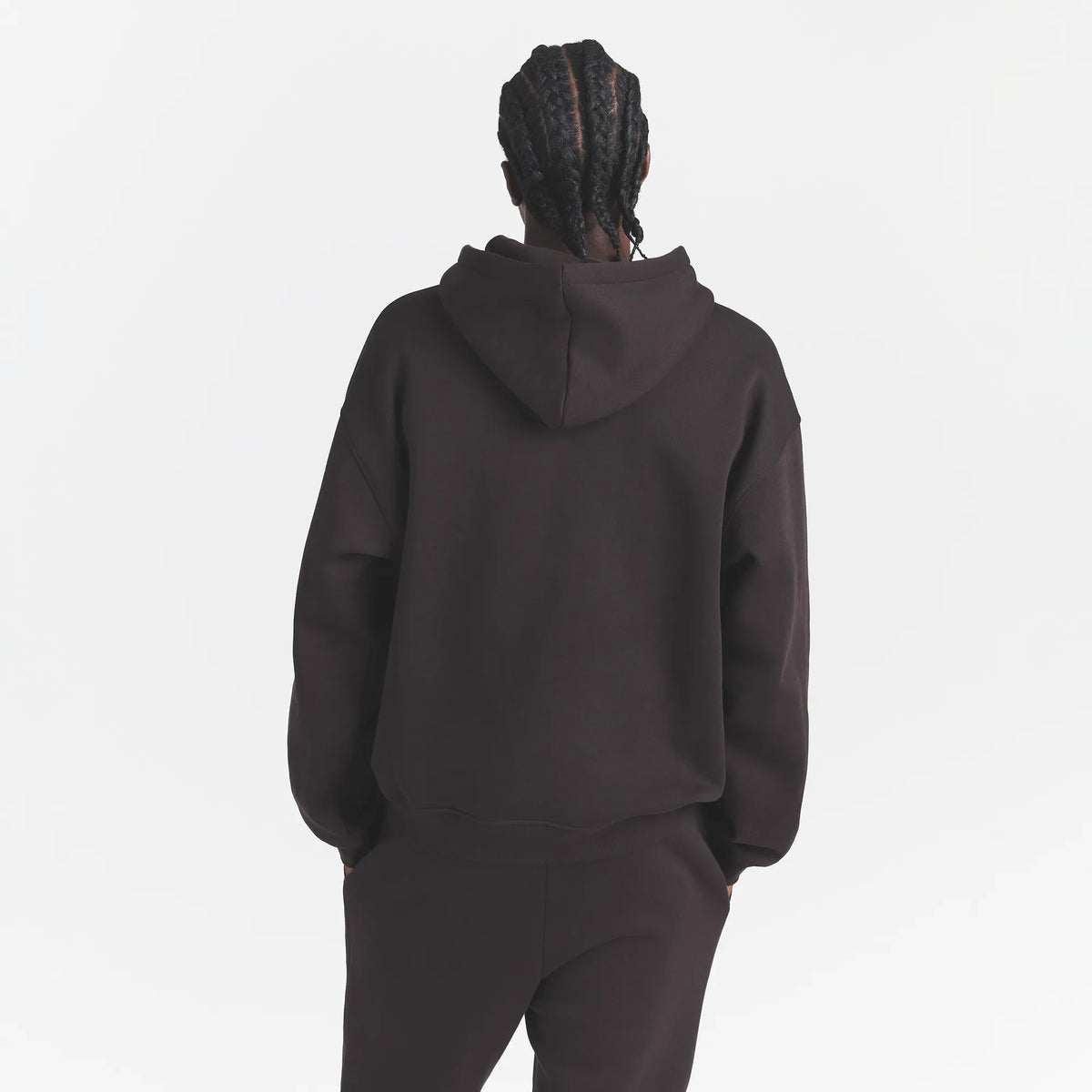 FLEECE LOUNGE MENS RELAXED HOODIE | DARK ROAST ON A MODEL BACK VIEW @ | FOCUS: 0.0, 1.0, 0.9