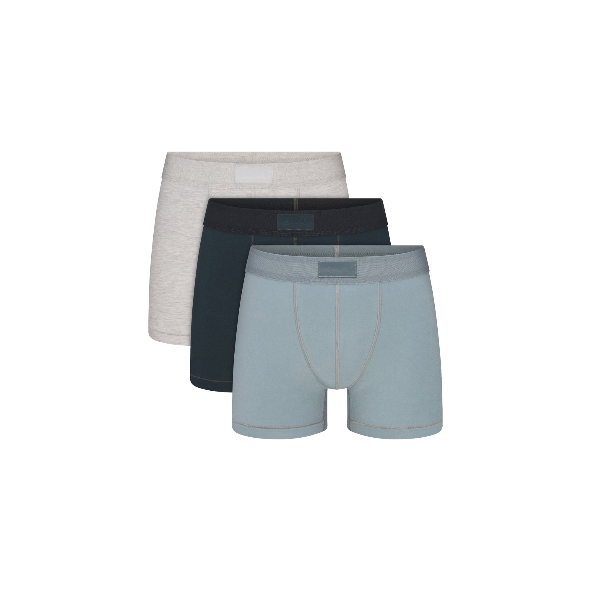 SKIMS COTTON MENS 3" BOXER BRIEF 3-PACK | VERDANT MULTI FLAT ON A WHITE BACKGROUND | FLT @ | FOCUS: 0.0, 1.0, 0.9