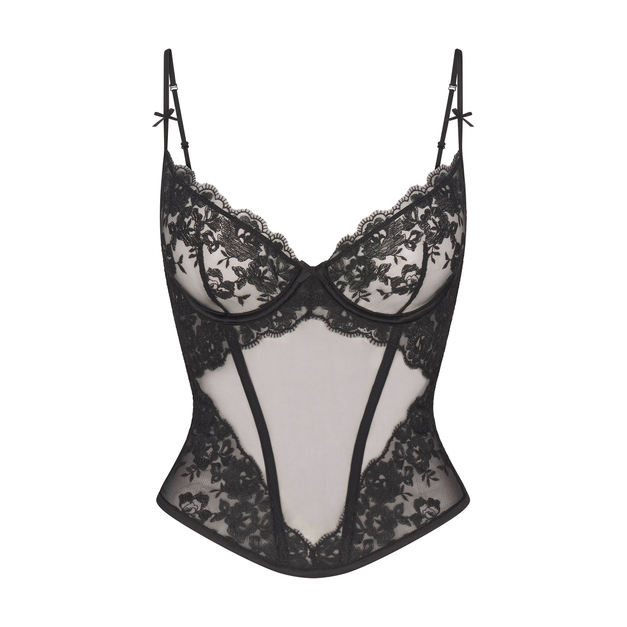 EMBROIDERED LINGERIE UNLINED CORSET | ONYX FLAT ON A WHITE BACKGROUND | FLT