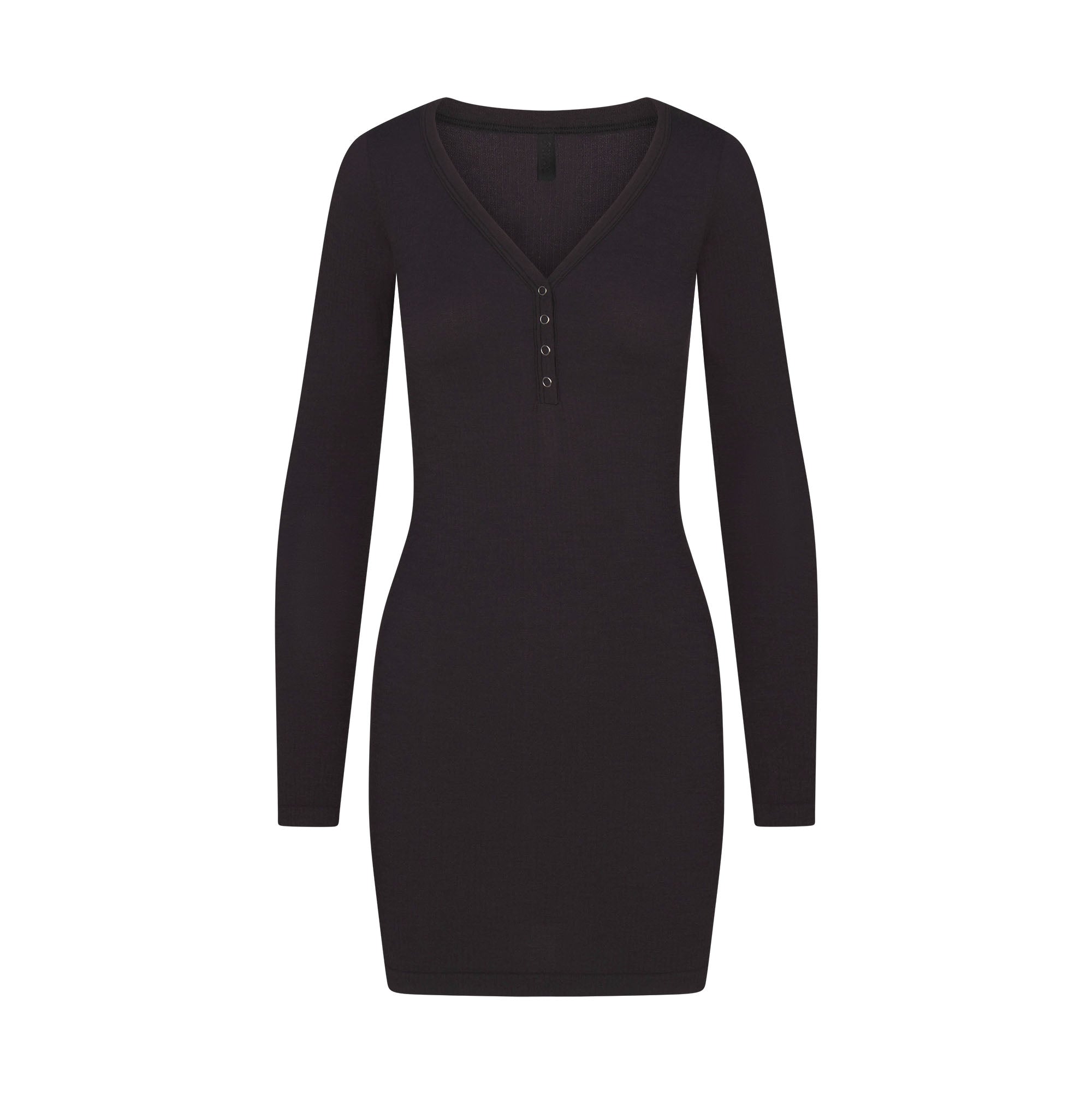 WOOL RIB HENLEY DRESS | OBSIDIAN FLAT ON A WHITE BACKGROUND | FLT