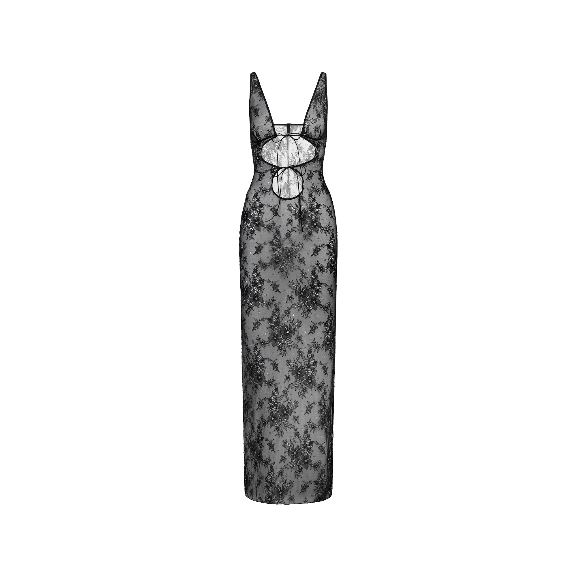 ULTRA FINE LACE TIE FRONT LONG SLIP DRESS | ONYX FLAT ON A WHITE BACKGROUND | FLT