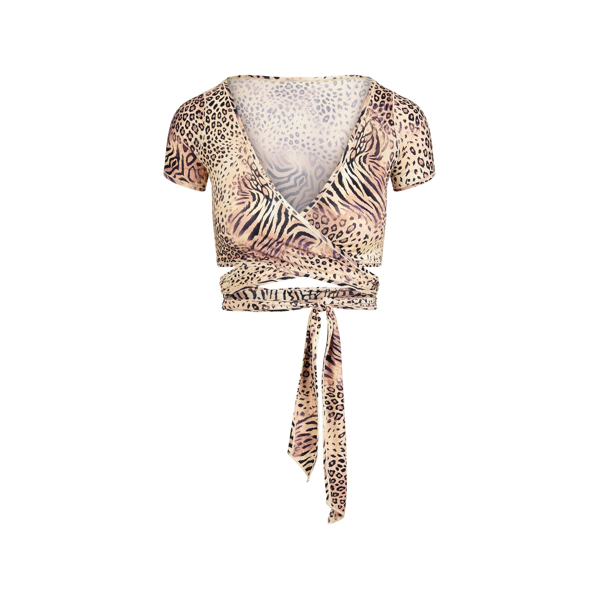FITS EVERYBODY WRAP SUPER CROPPED T-SHIRT | SAND MULTI ANIMAL FLAT ON A WHITE BACKGROUND | FLT