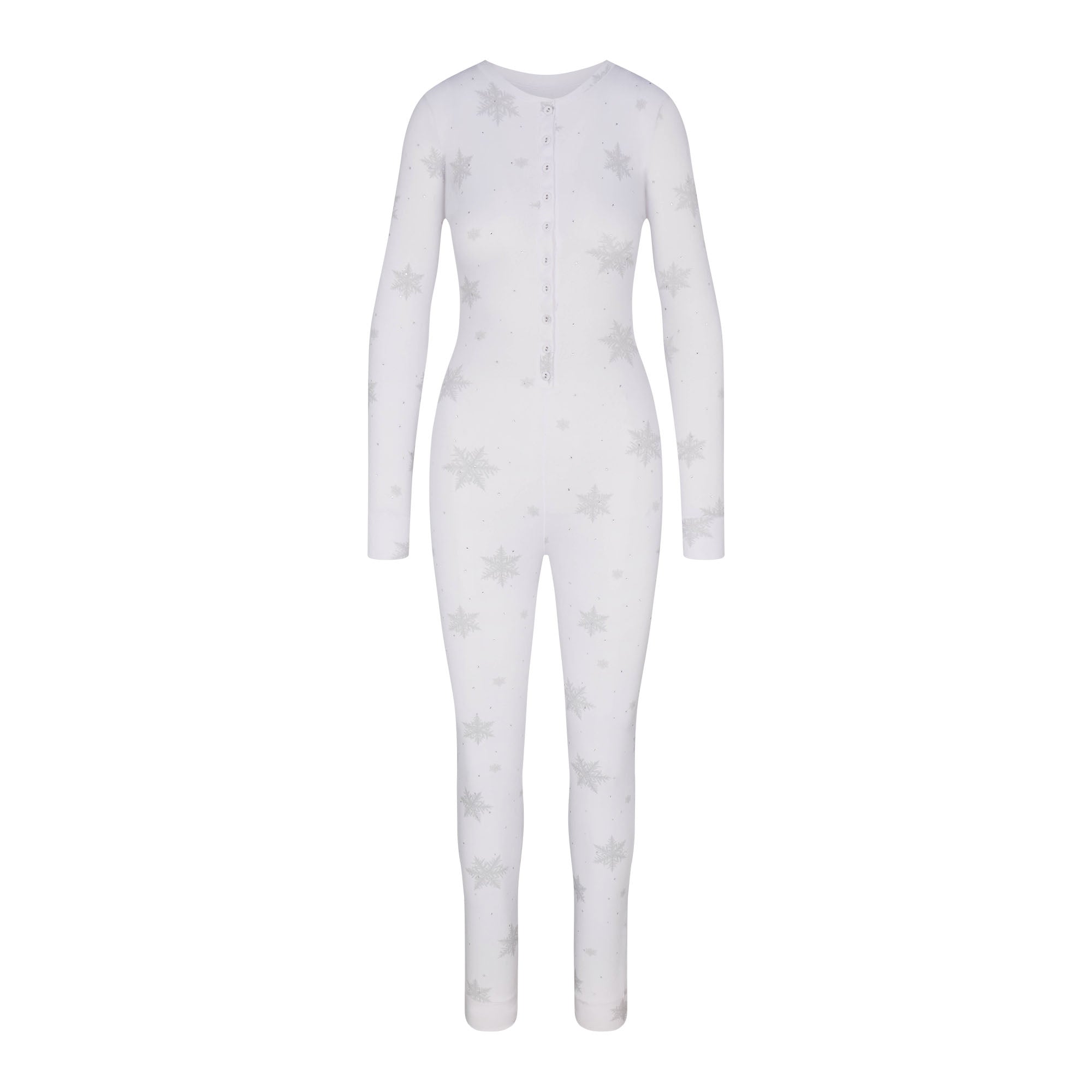 LOGO PLUSH POINTELLE RHINESTONE LONG ONESIE | SNOW RHINESTONE PRINT FLAT ON A WHITE BACKGROUND | FLT