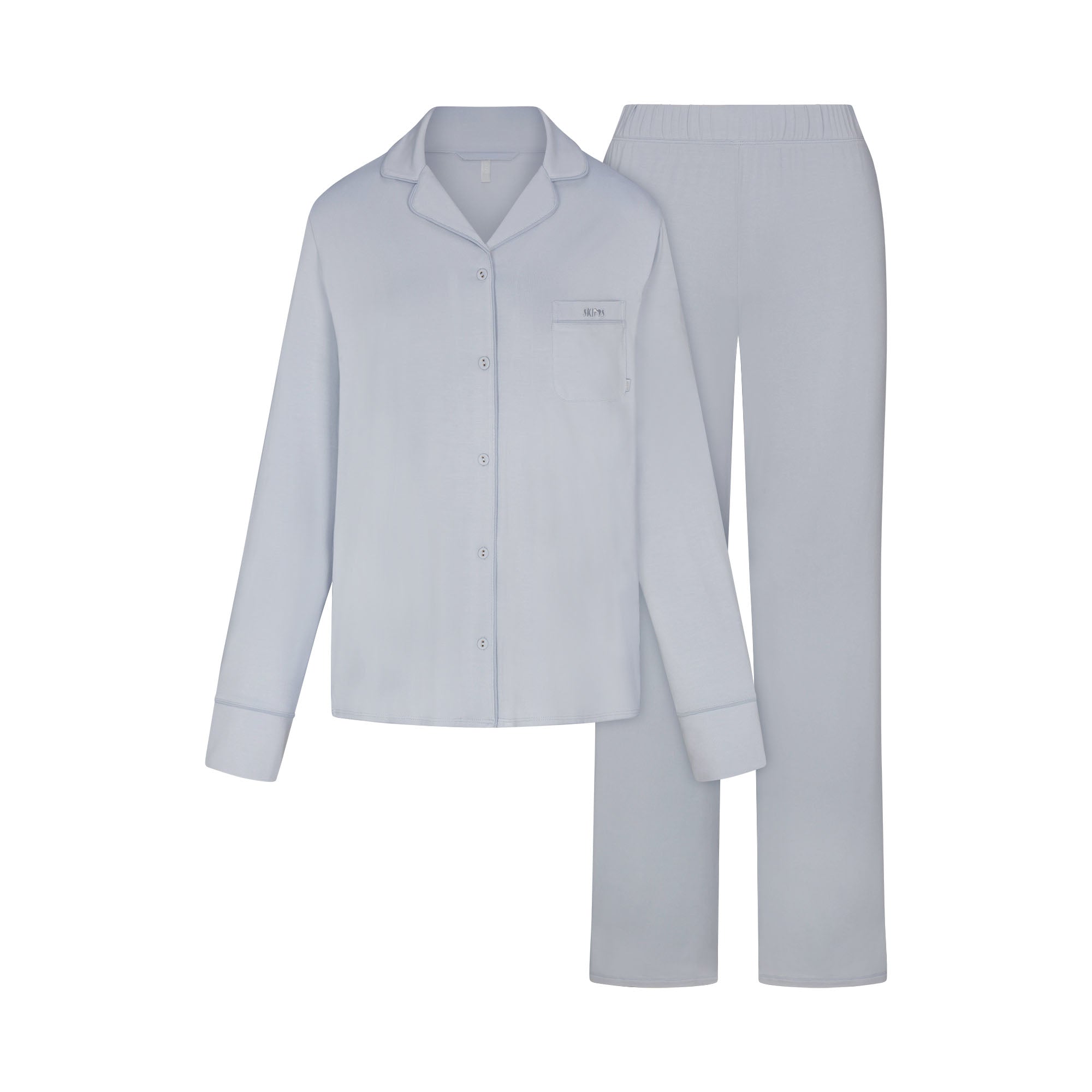 SKIMS SLEEP LONG SLEEVE BUTTON UP SET | ZEN BLUE FLAT ON A WHITE BACKGROUND | FLT