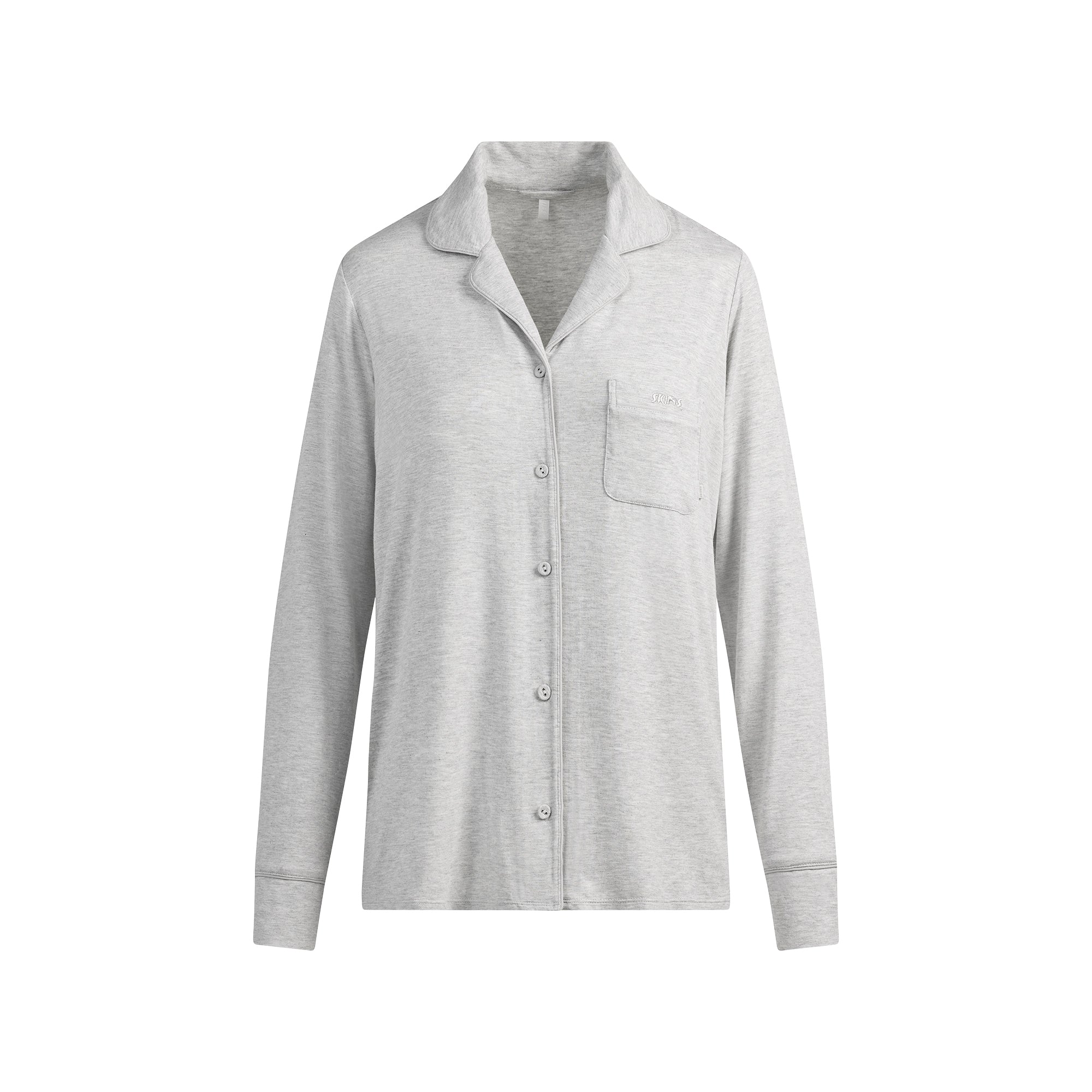 SKIMS SLEEP LONG SLEEVE BUTTON UP SET | LIGHT HEATHER GREY FLAT ON A WHITE BACKGROUND | FLT