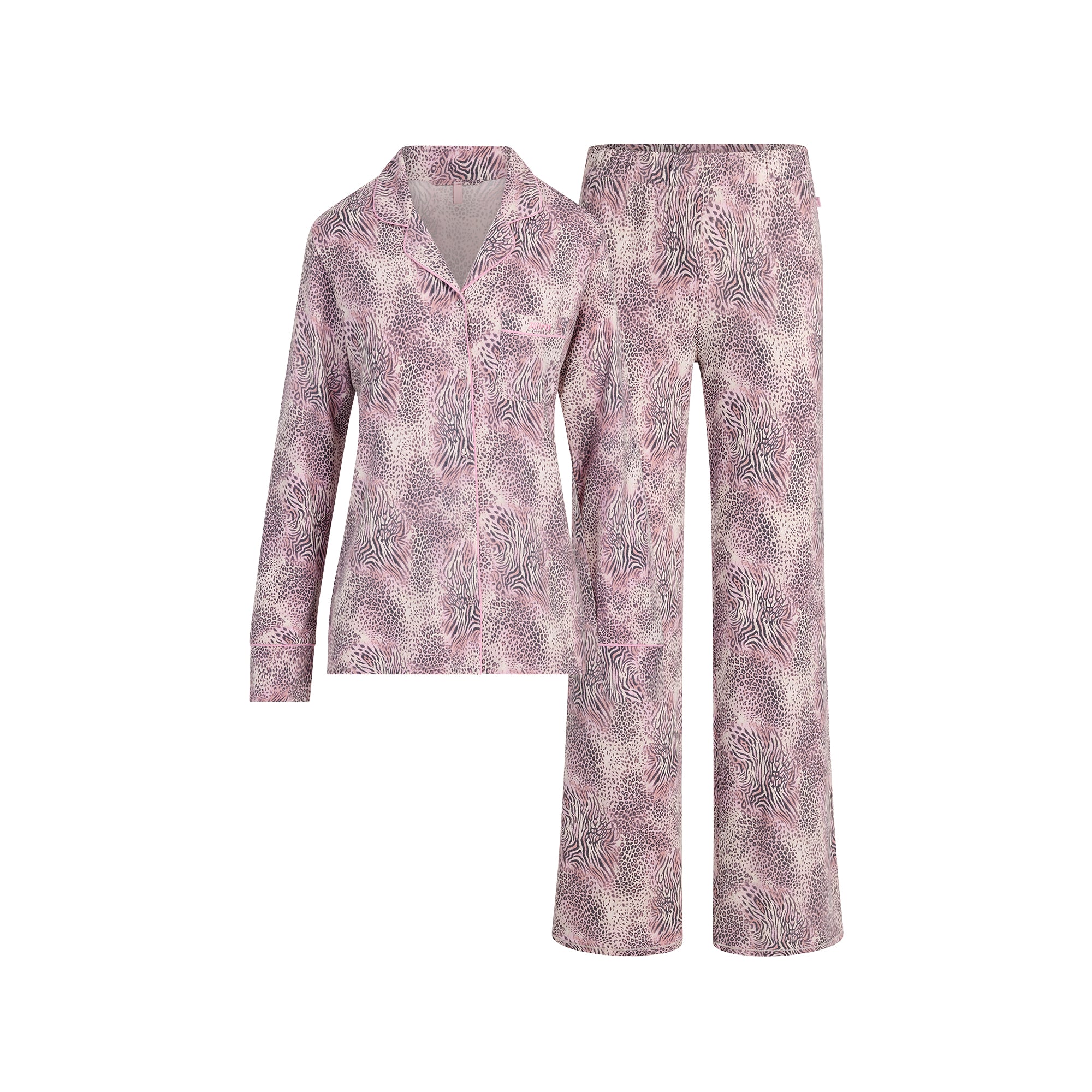 SKIMS SLEEP LONG SLEEVE BUTTON UP SET | BLOOM MINI MULTI ANIMAL FLAT ON A WHITE BACKGROUND | FLT