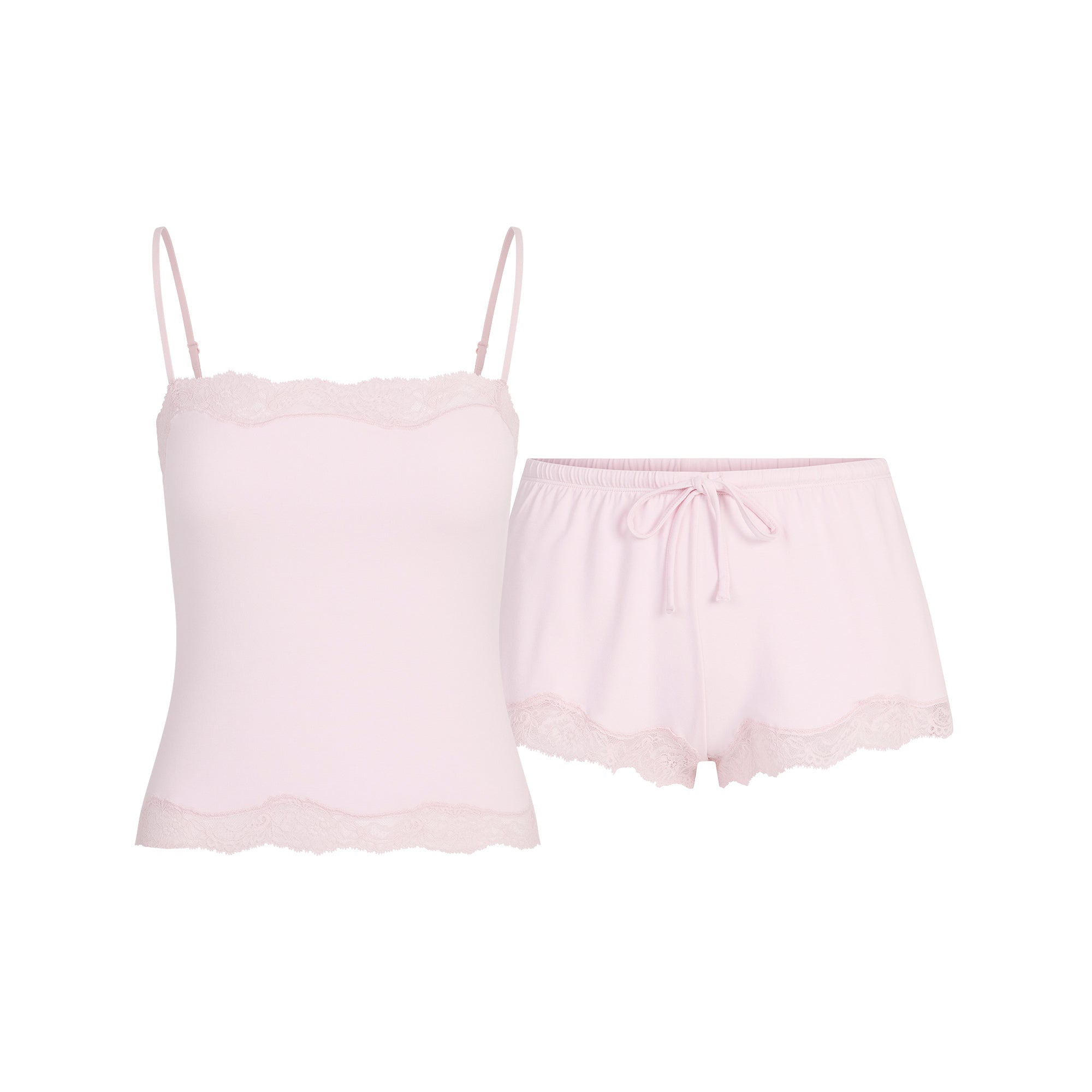 SKIMS SLEEP LACE CAMI AND SHORT SET | BLOOM FLAT ON A WHITE BACKGROUND | FLT