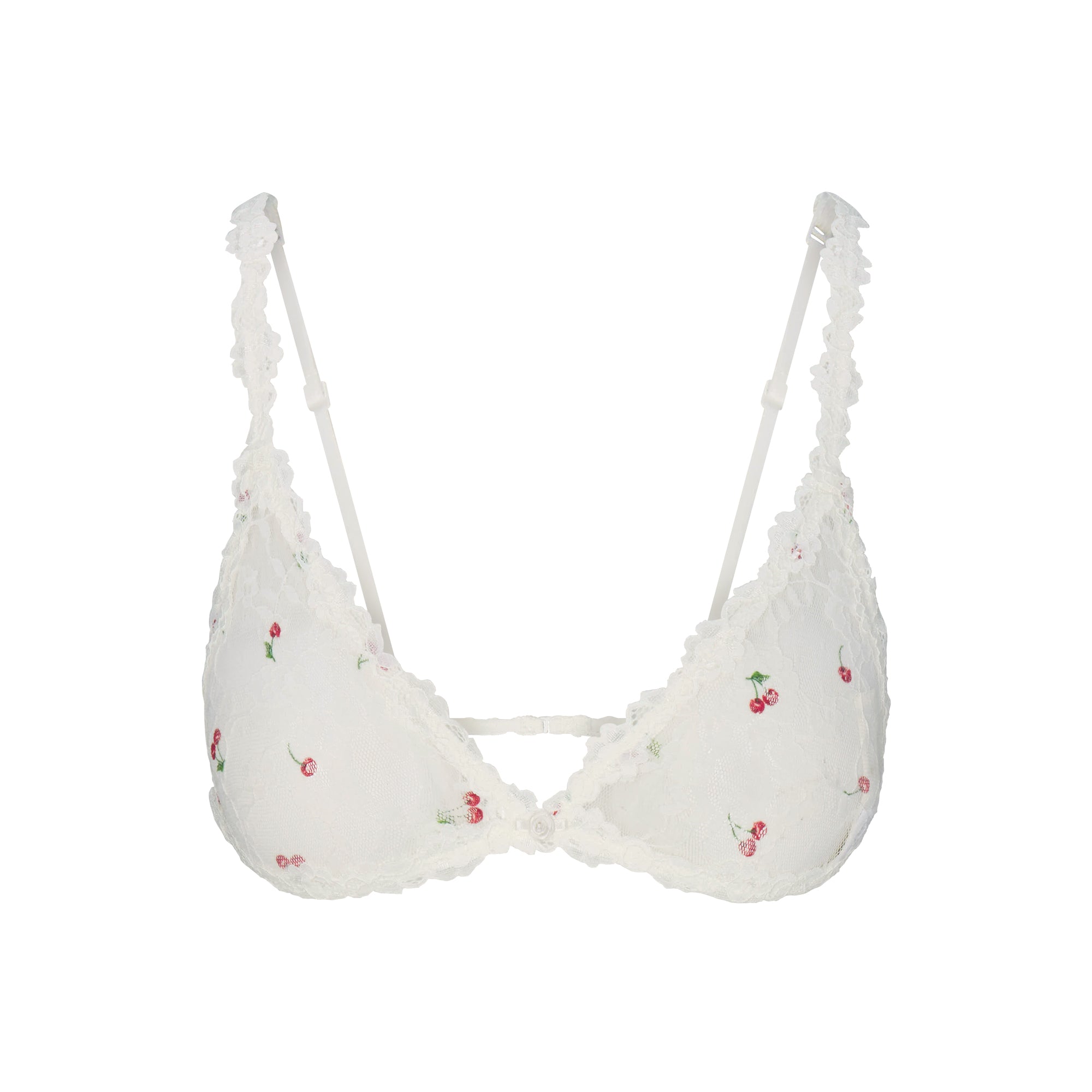 STRETCH LACE TRIANGLE BRALETTE | IVORY CHERRY PRINT FLAT ON A WHITE BACKGROUND | FLT