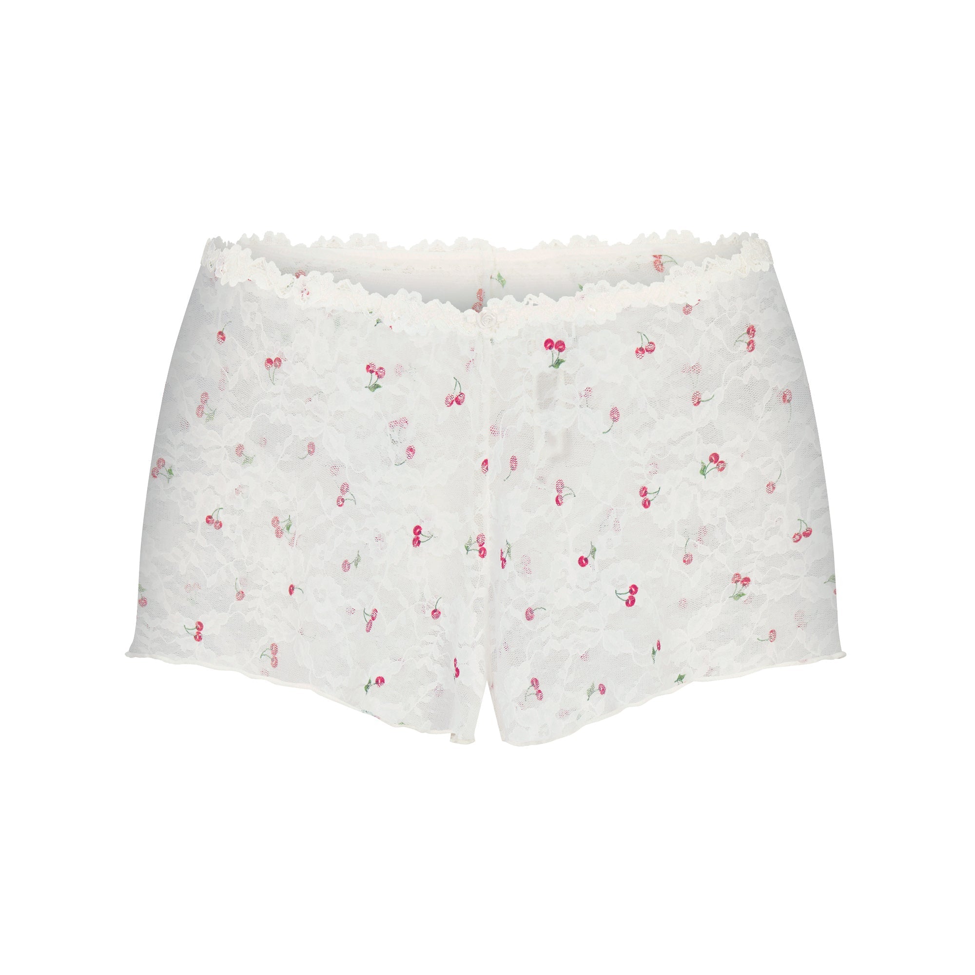 STRETCH LACE TRIANGLE CAMI AND SHORT SET | IVORY CHERRY PRINT FLAT ON A WHITE BACKGROUND