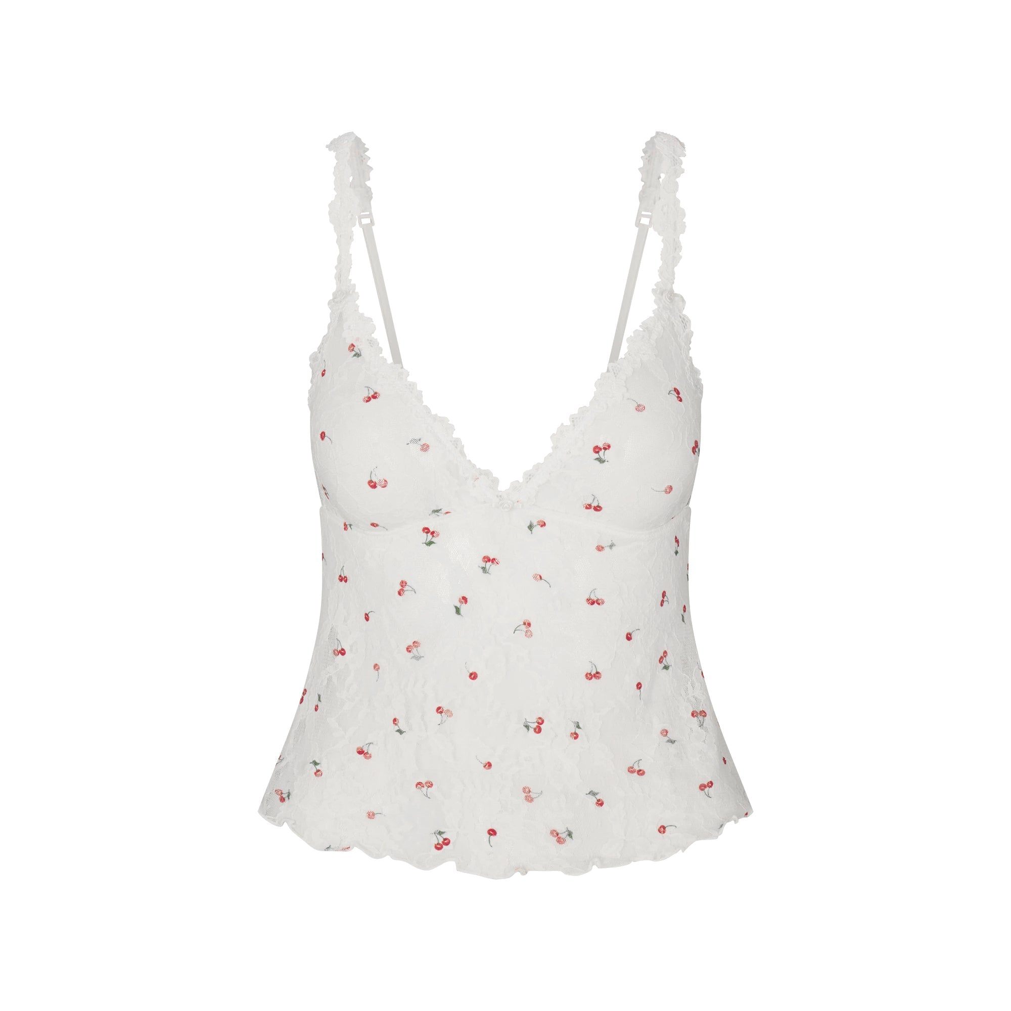 STRETCH LACE TRIANGLE CAMI AND SHORT SET | IVORY CHERRY PRINT FLAT ON A WHITE BACKGROUND | FLT