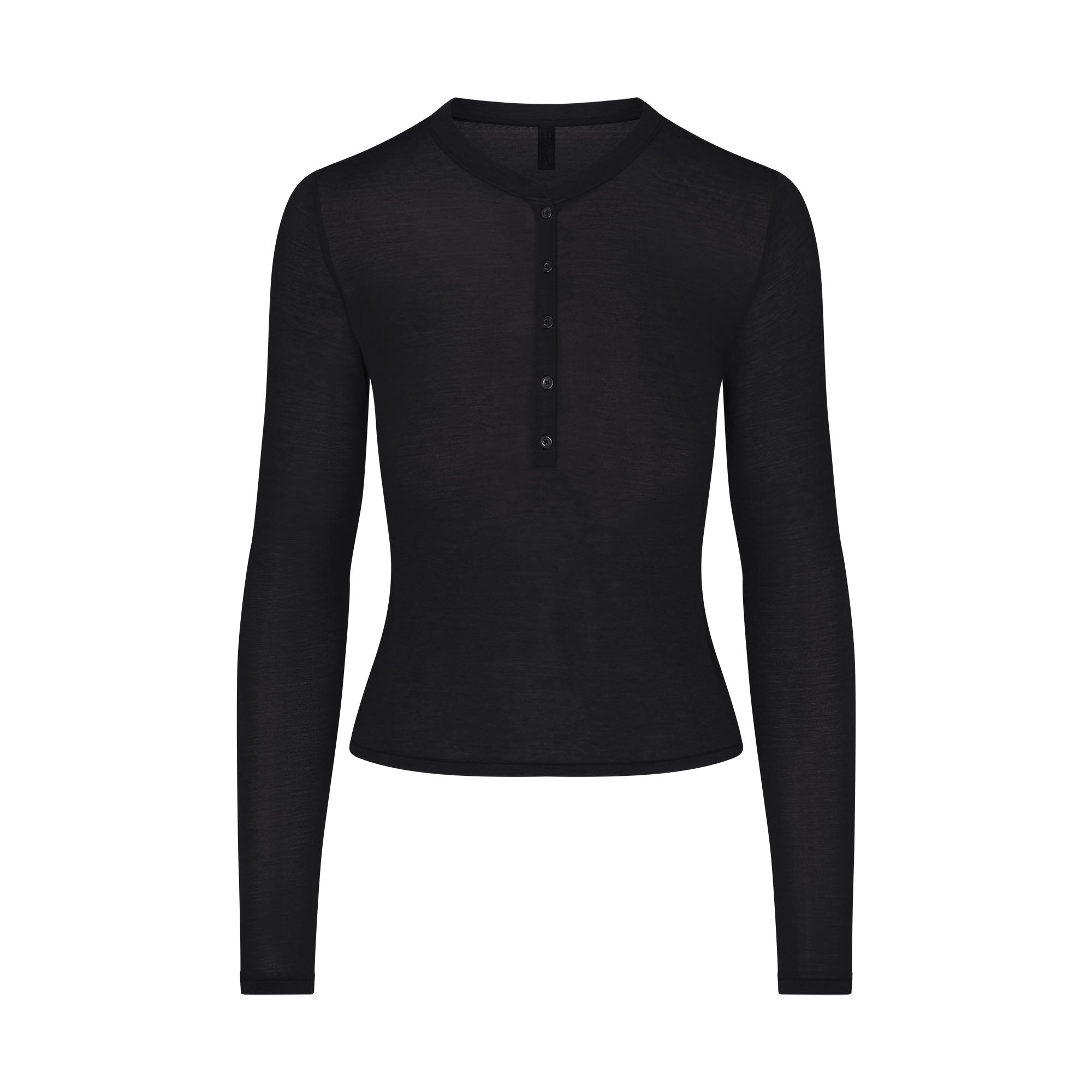 SHEER MODAL CREW NECK HENLEY | ONYX FLAT ON A WHITE BACKGROUND | FLT