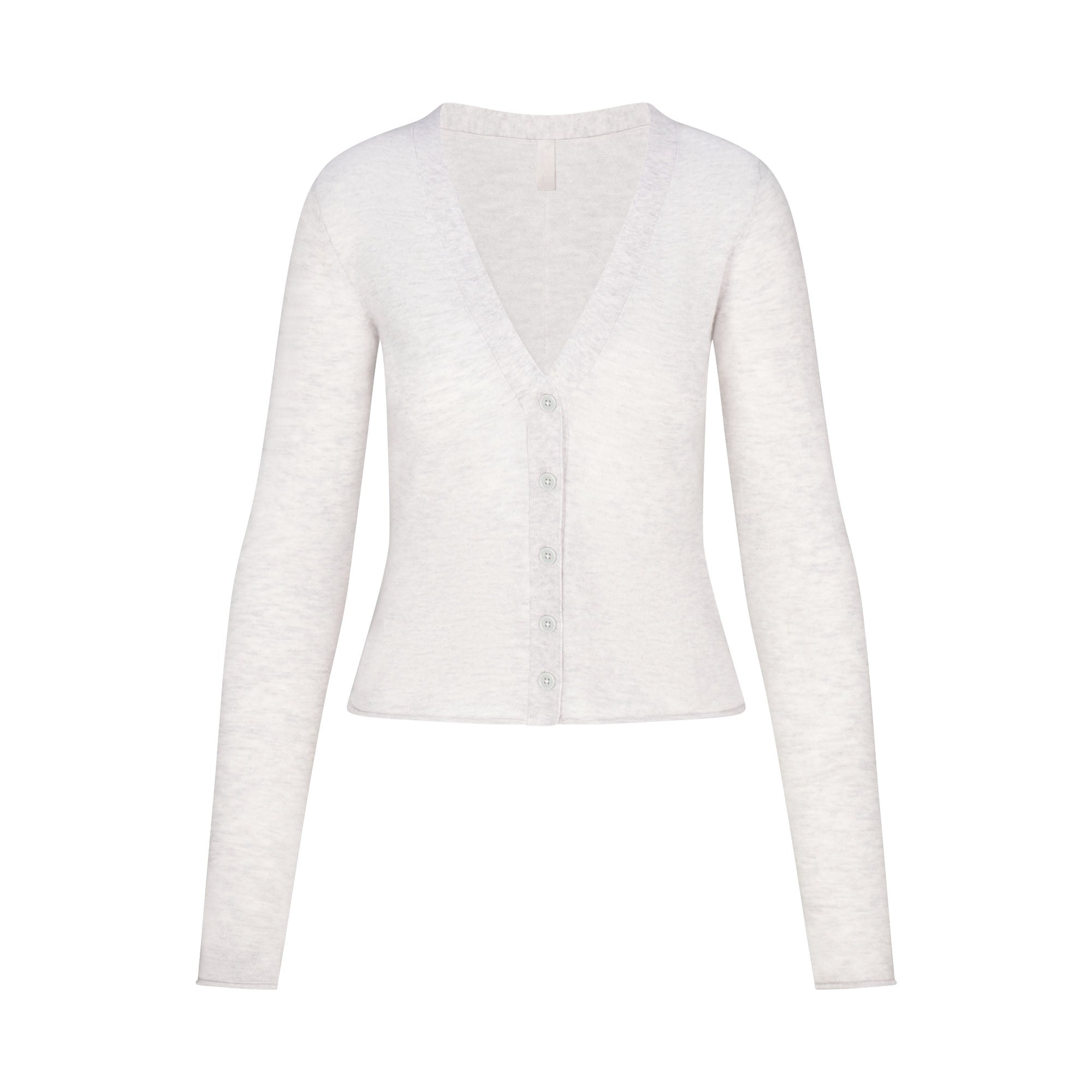 FEATHERWEIGHT CASHMERE CARDIGAN | LIGHT HEATHER GREY FLAT ON A WHITE BACKGROUND | FLT