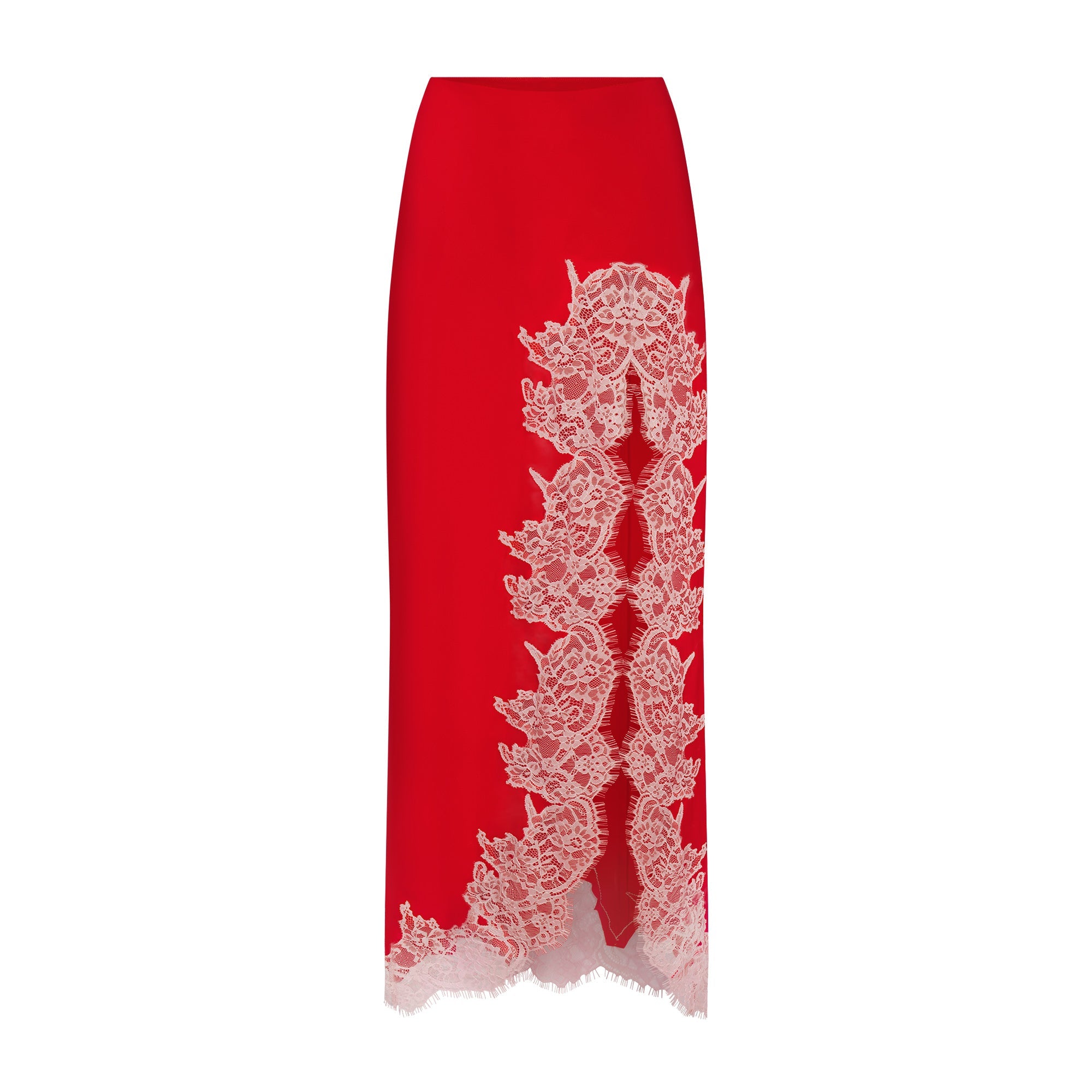 SILK LACE SLIP MIDI SKIRT | RUBY CONTRAST FLAT ON A WHITE BACKGROUND | FLT