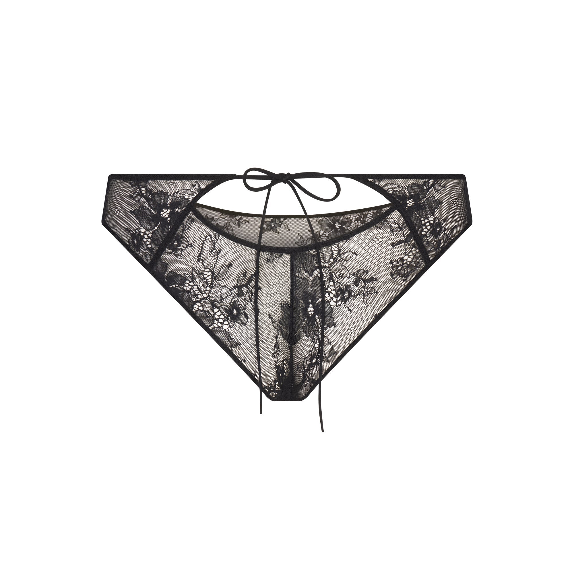 ULTRA FINE LACE PEEK-A-BOO BIKINI | ONYX FLAT ON A WHITE BACKGROUND