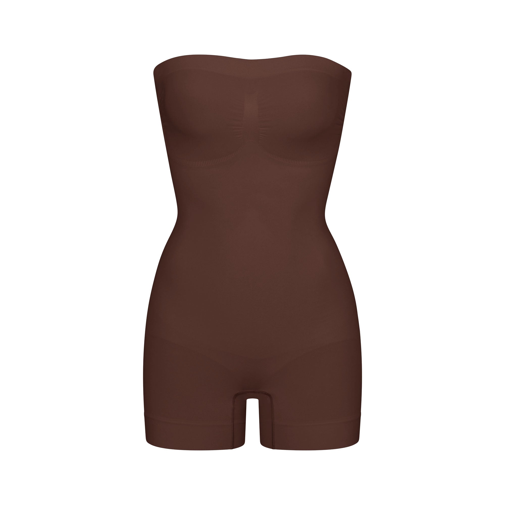 SEAMLESS SCULPT STRAPLESS SHORTIE BODYSUIT | COCOA (ONESIES, BODYSUITS) LAYS FLAT ON A WHITE BACKGROUND | FLT