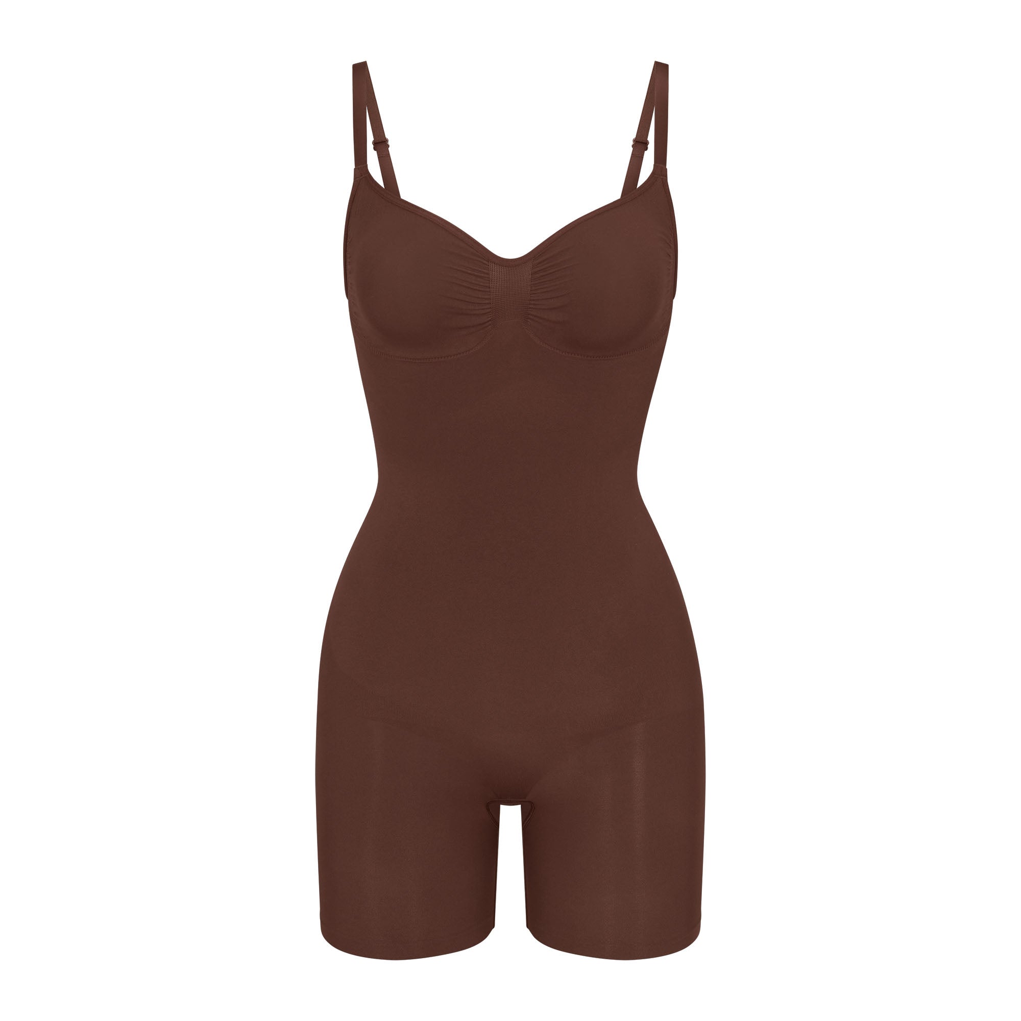 SEAMLESS SCULPT MID THIGH BODYSUIT | COCOA (ONESIES, BODYSUITS) LAYS FLAT ON A WHITE BACKGROUND | FLT