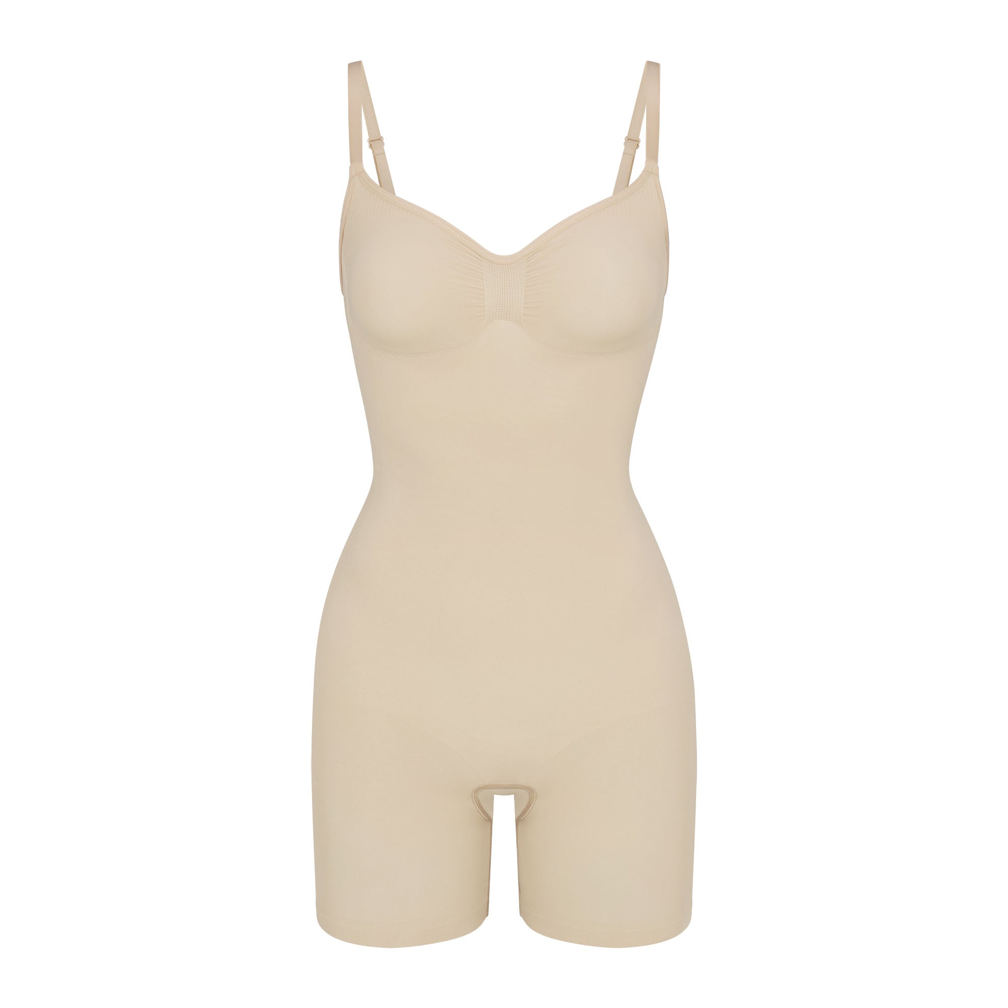 SEAMLESS SCULPT MID THIGH BODYSUIT | SAND (ONESIES, BODYSUITS) LAYS FLAT ON A WHITE BACKGROUND | FLT