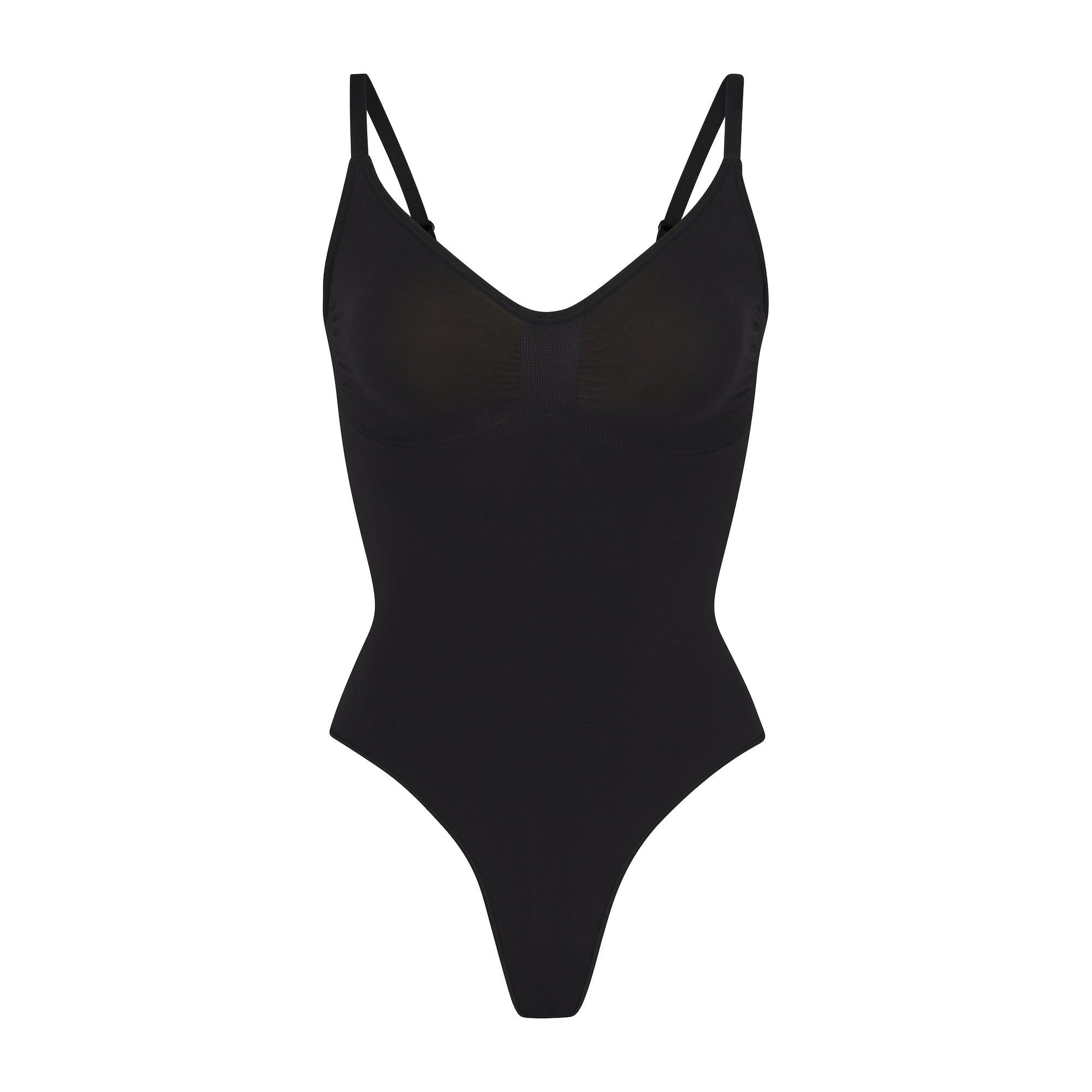 SEAMLESS SCULPT THONG BODYSUIT | ONYX (SHAPEWEAR BODYSUITS) LAYS FLAT ON A WHITE BACKGROUND | FLT