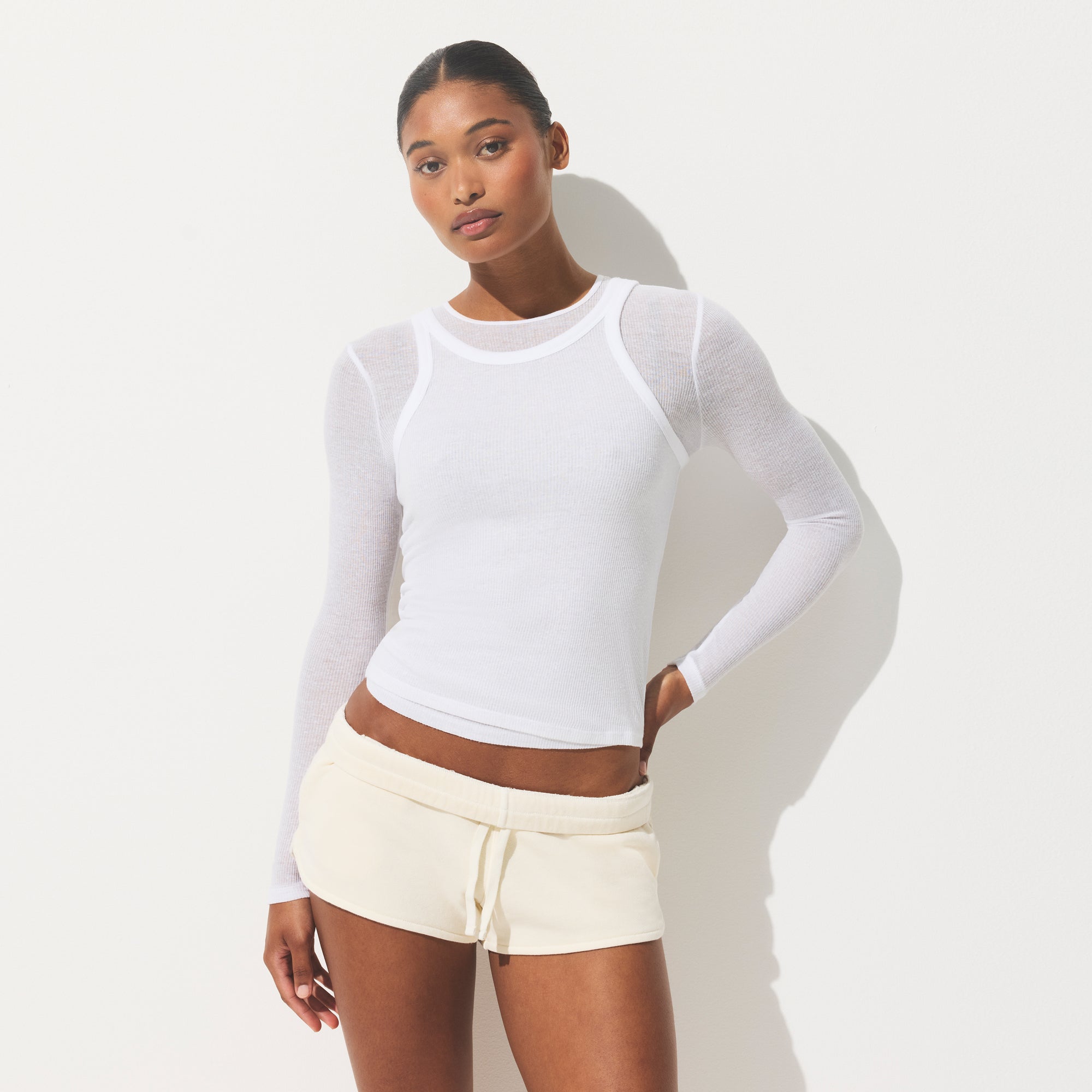 SHEER COTTON TANK | SNOW ON A MODEL SIDE VIEW | FOCUS: 0.0, 1.0, 0.9