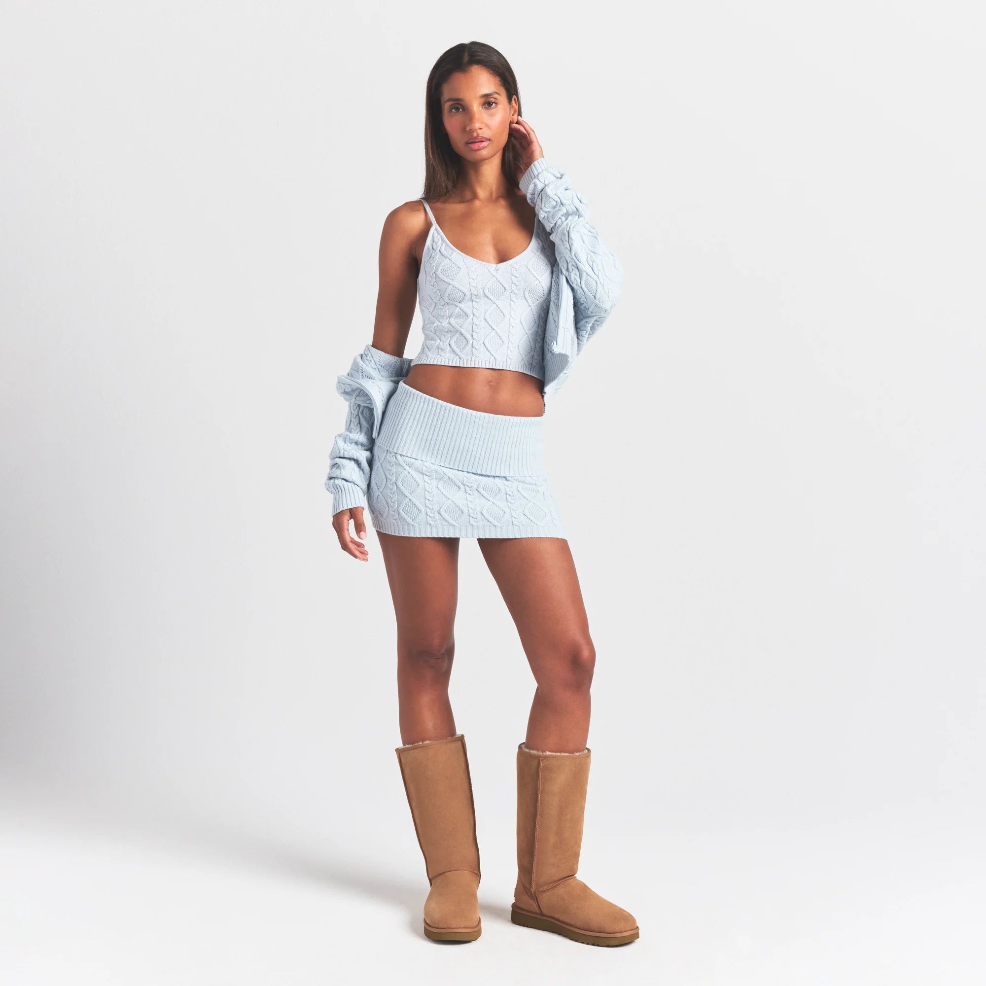SWEATER KNITS CABLE TANK | ZEN BLUE ON A MODEL FRONT VIEW @ | FOCUS: 0.0, 1.0, 0.9