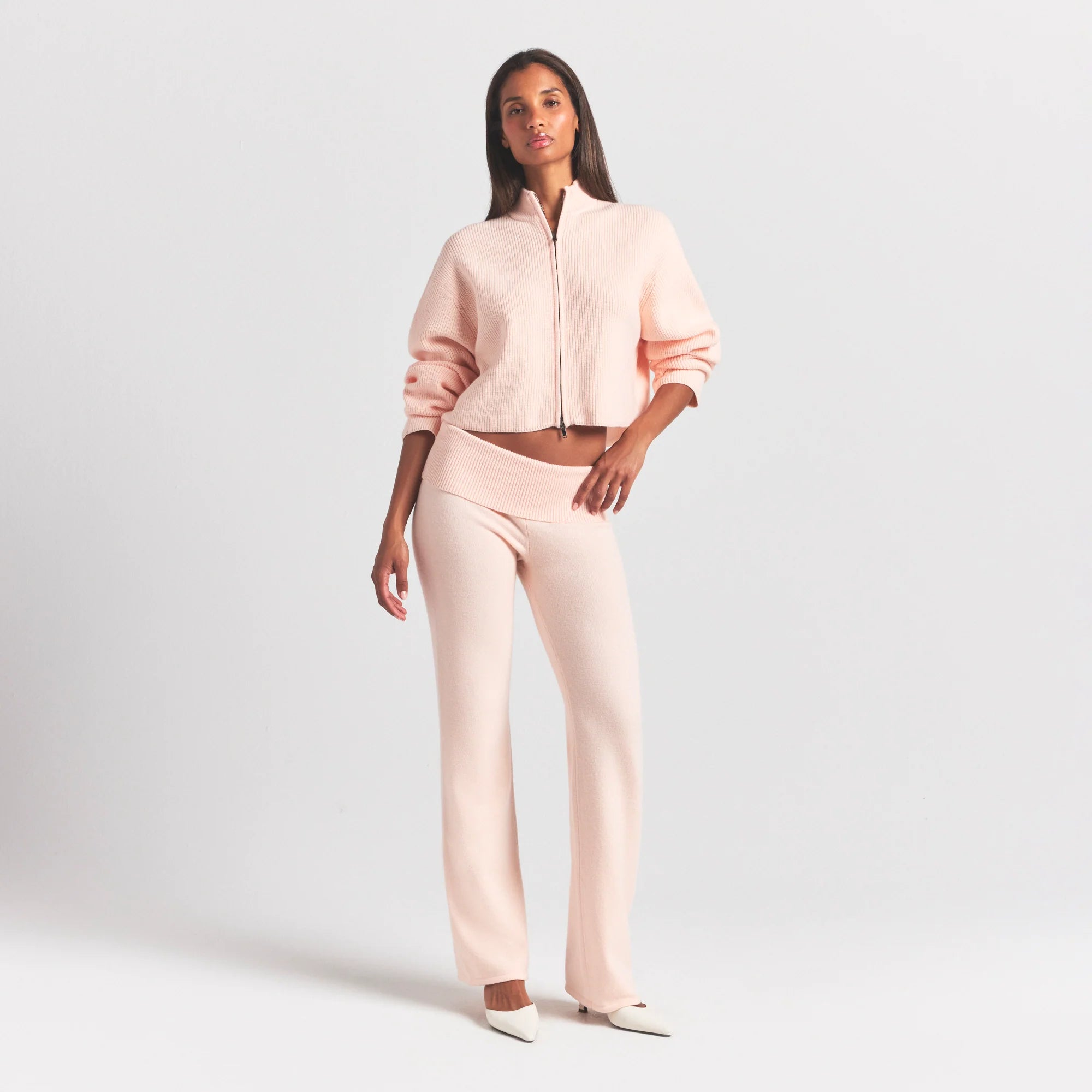 SWEATER KNITS MOCK NECK ZIP UP | PRIMROSE ON A MODEL FRONT VIEW @ | FOCUS: 0.0, 1.0, 0.9