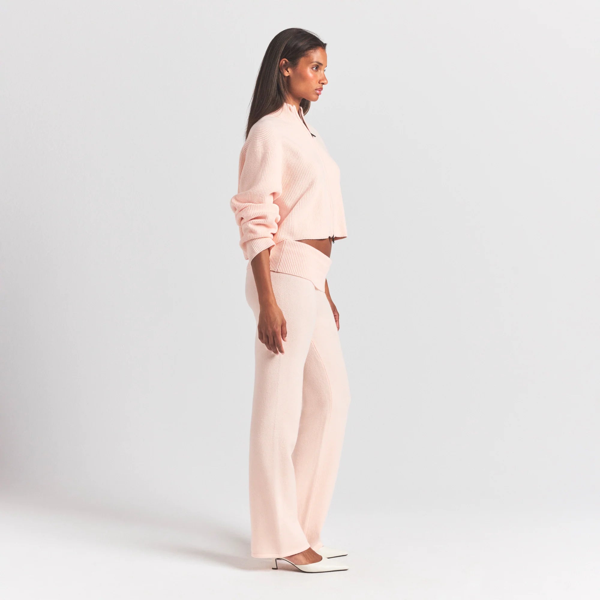 SWEATER KNITS MOCK NECK ZIP UP | PRIMROSE ON A MODEL SIDE VIEW @ | FOCUS: 0.0, 1.0, 0.9
