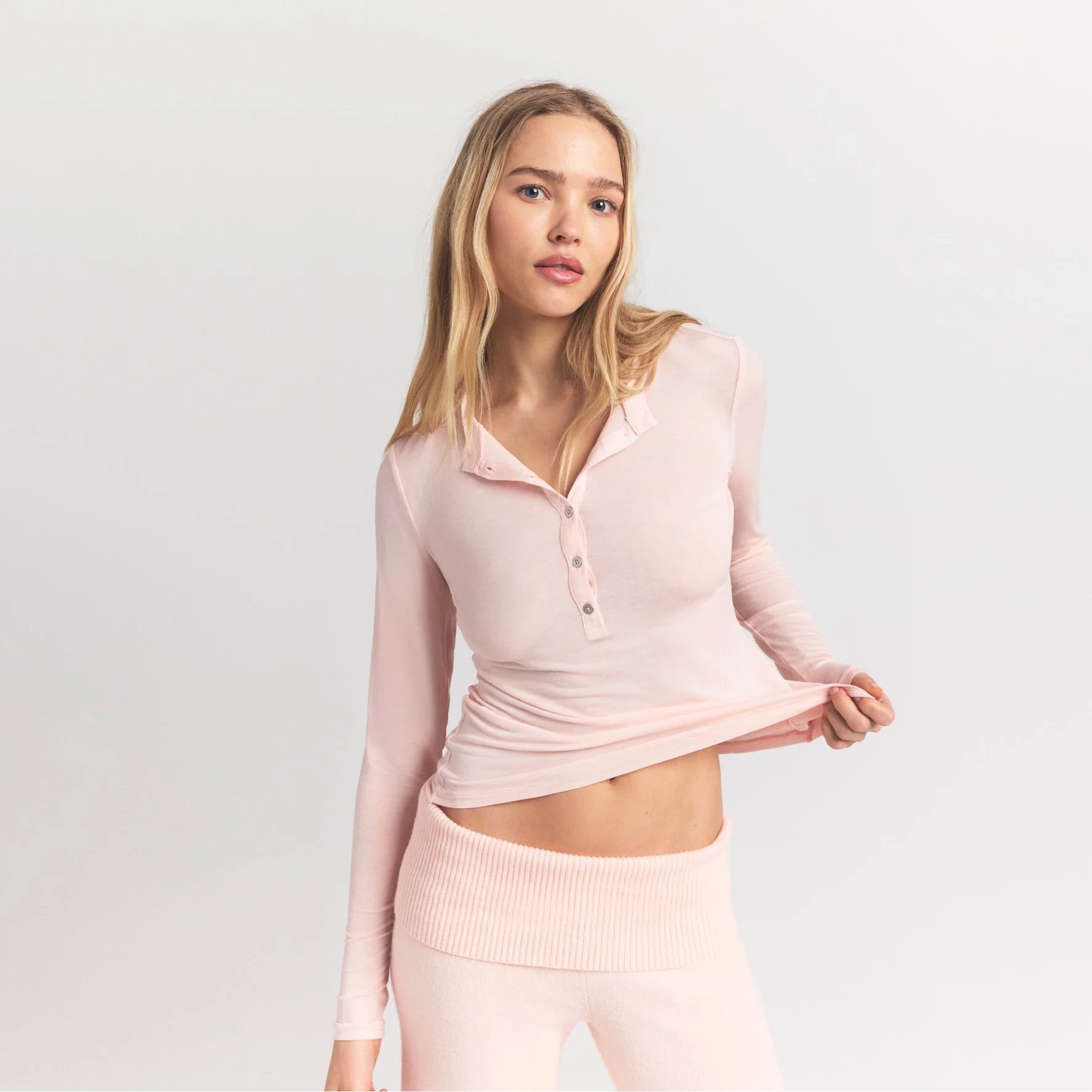 SHEER MODAL CREW NECK HENLEY | PRIMROSE ON A MODEL FRONT VIEW @ | FOCUS: 0.9, 0.1, 0.7