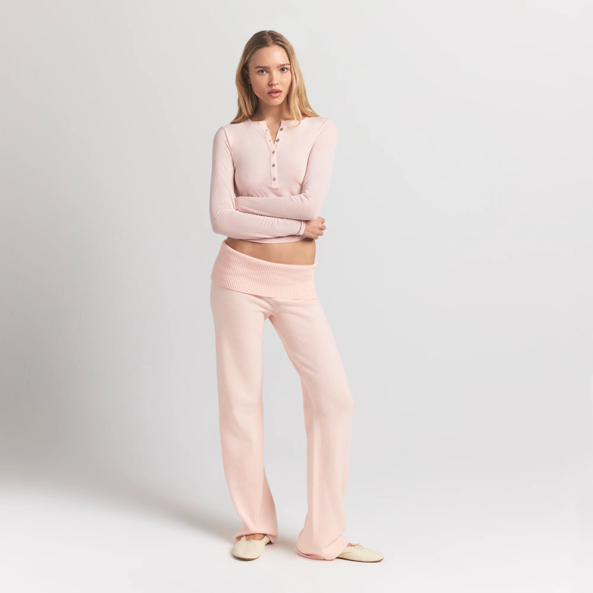 SHEER MODAL CREW NECK HENLEY | PRIMROSE ON A MODEL FRONT VIEW @ | FOCUS: 0.9, 0.1, 0.7