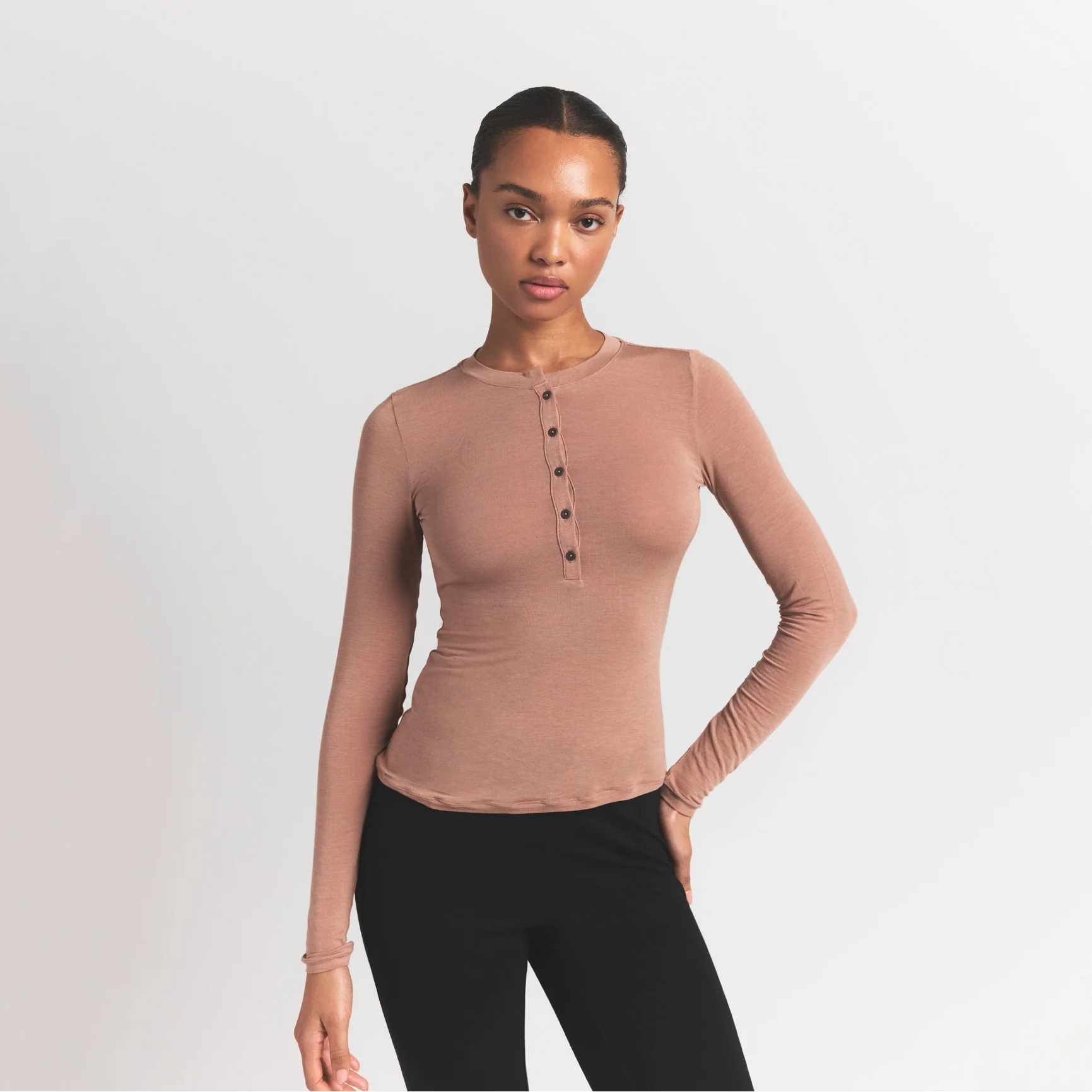 SHEER MODAL CREW NECK HENLEY | SIENNA ON A MODEL SIDE VIEW @ | FOCUS: 0.9, 0.1, 0.7