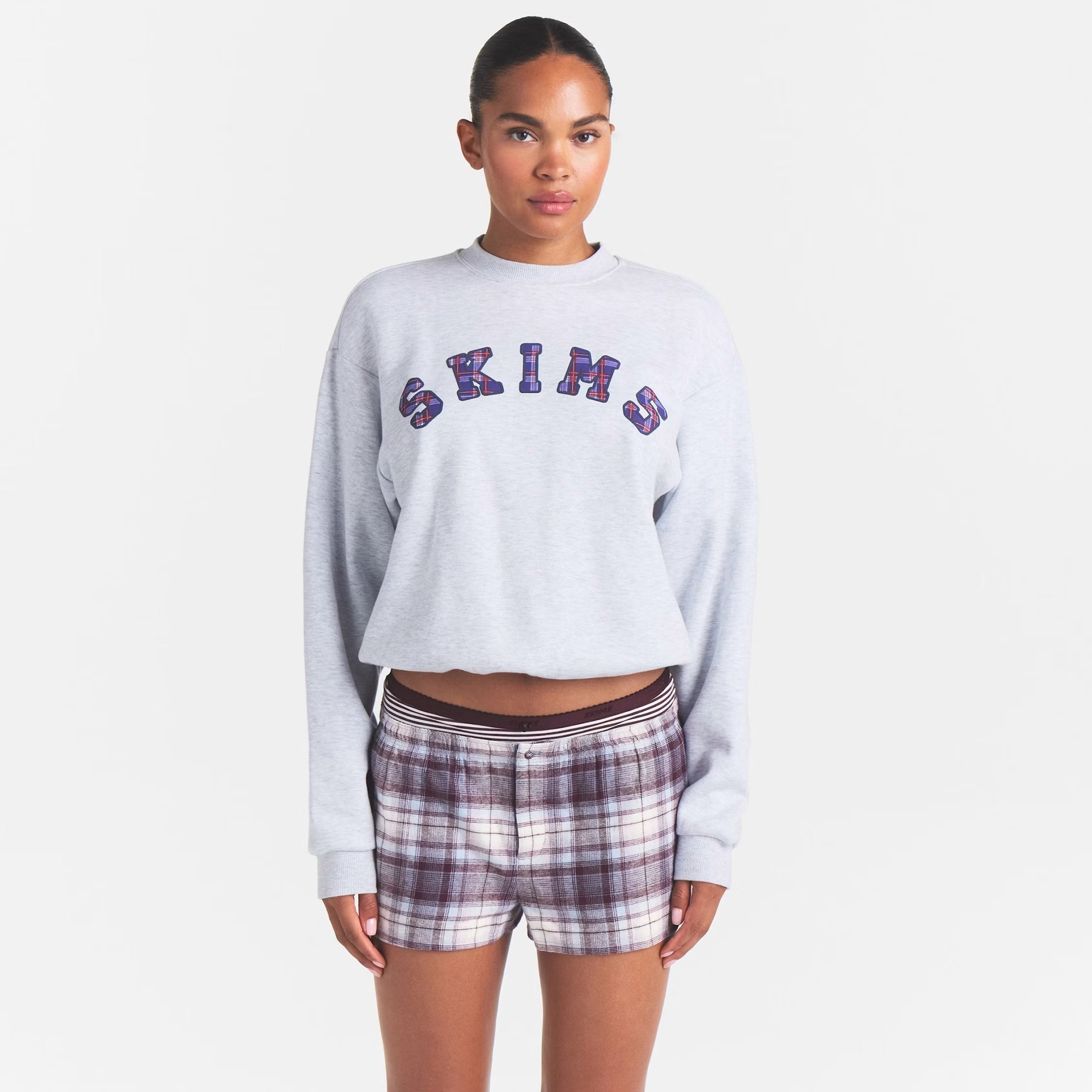 COTTON FLEECE CLASSIC CREWNECK | LIGHT HEATHER GREY ARCHED SKIMS PLAID