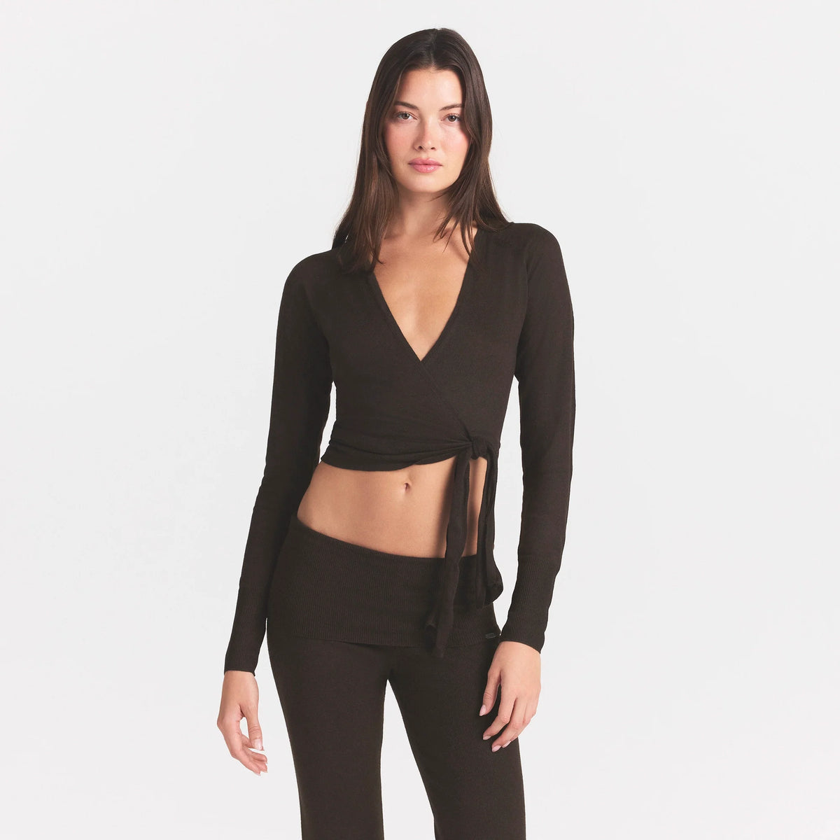 ESSENTIAL KNIT WRAP SWEATER | ESPRESSO & LAYS FLAT ON A WHITE BACKGROUND | FLT